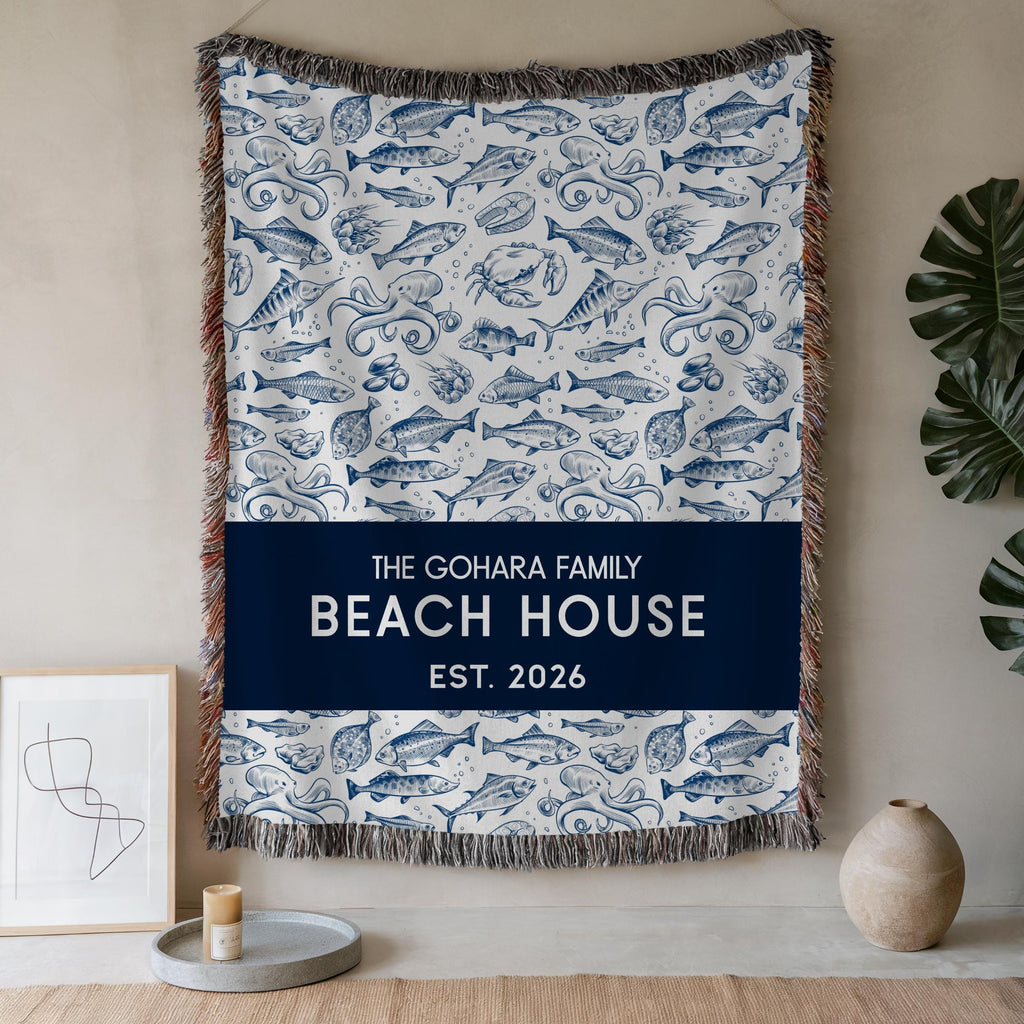 Personalized Beach House Woven Blanket: Coastal Family Name Throw