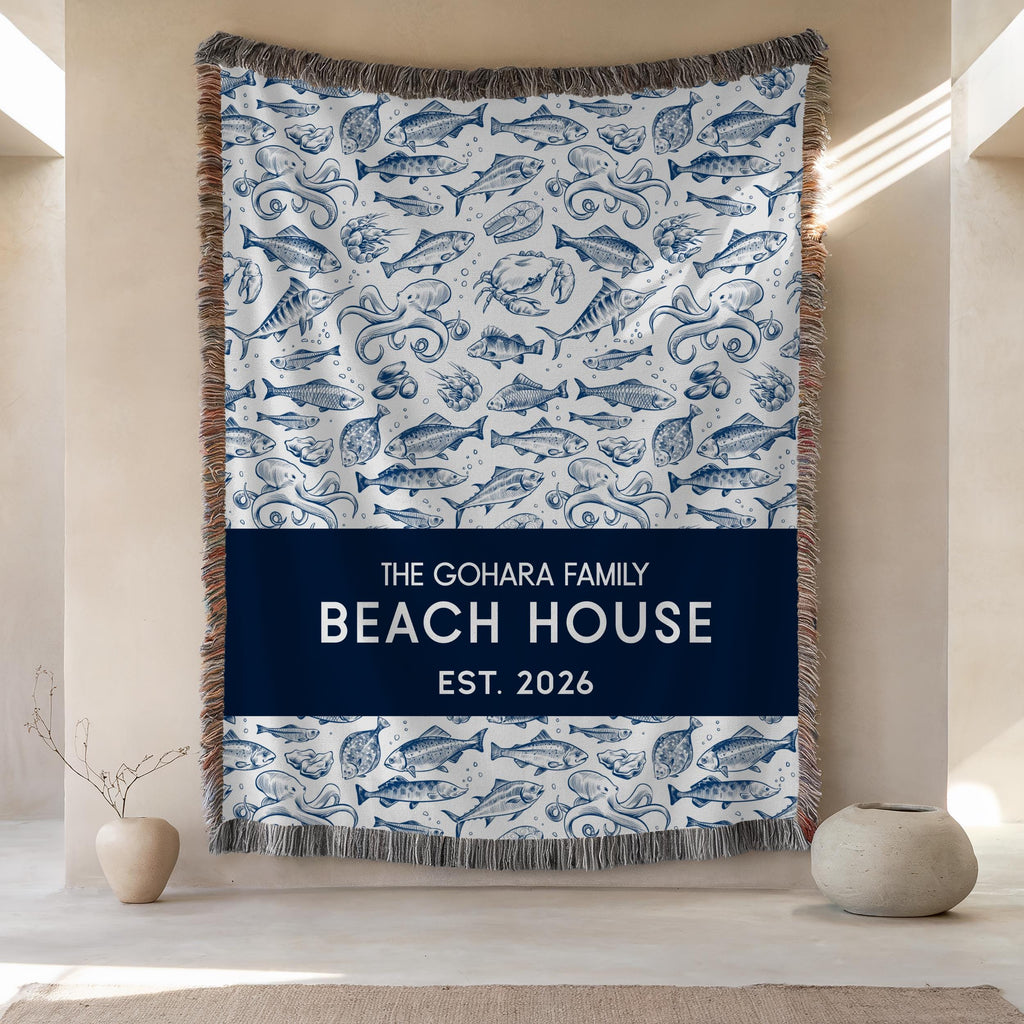 Personalized Beach House Woven Blanket: Coastal Family Name Throw