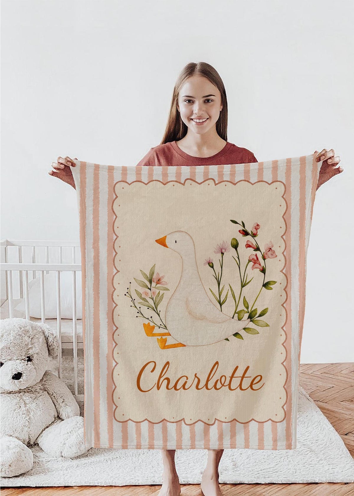 Personalized Goose Baby Blanket: Cottagecore Floral Nursery Decor