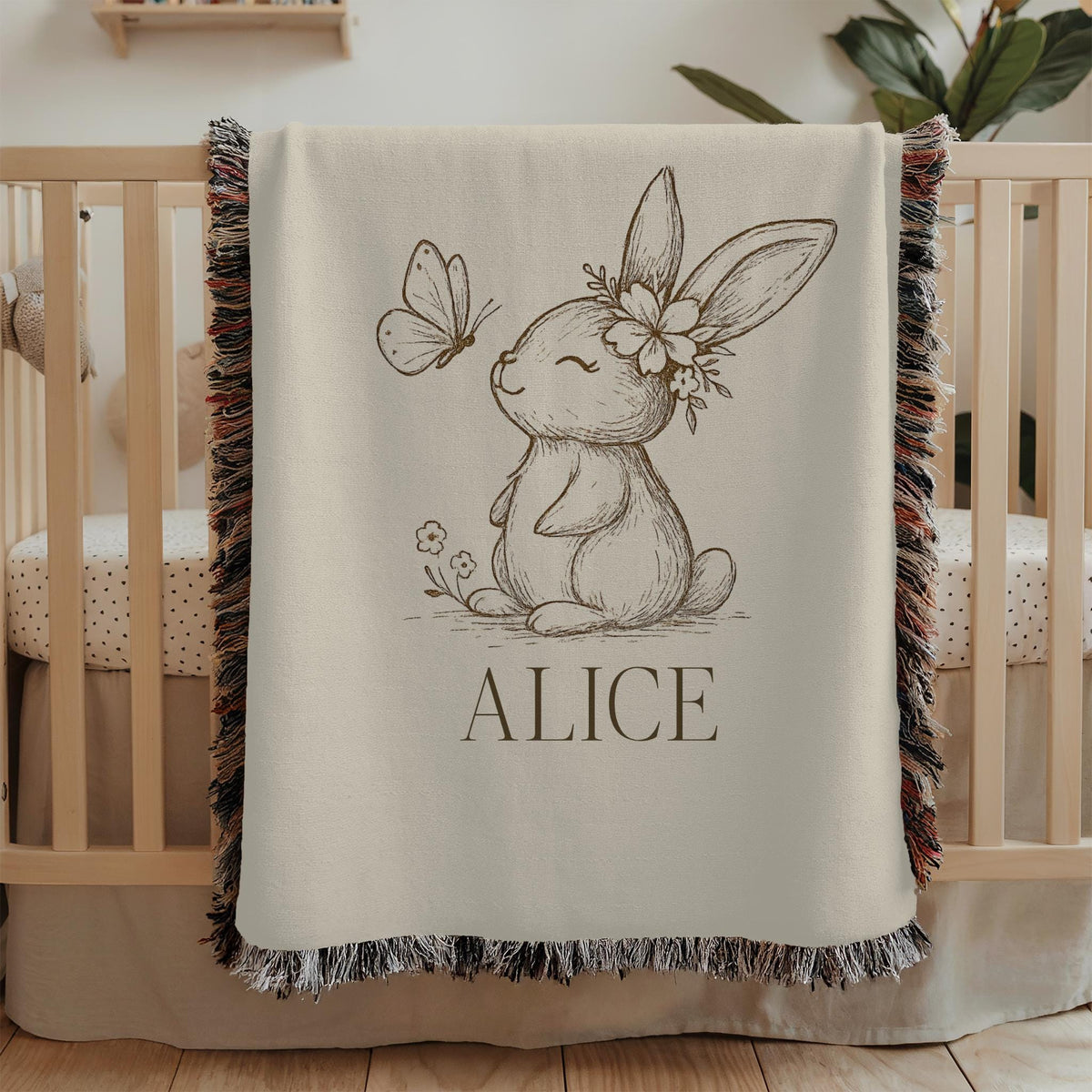 Personalized Bunny Baby Blanket: Vintage Woodland Nursery Decor