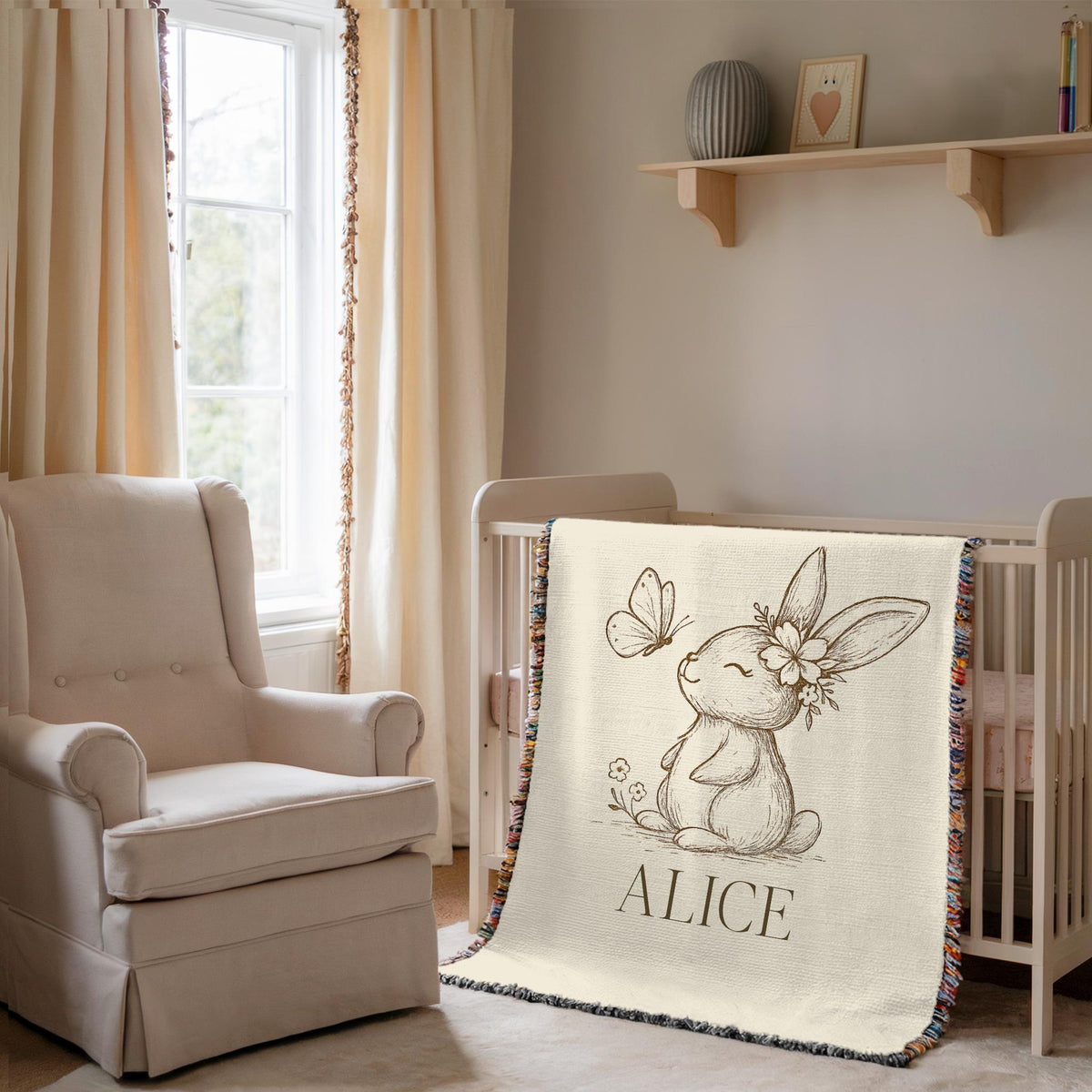 Personalized Bunny Baby Blanket: Vintage Woodland Nursery Decor