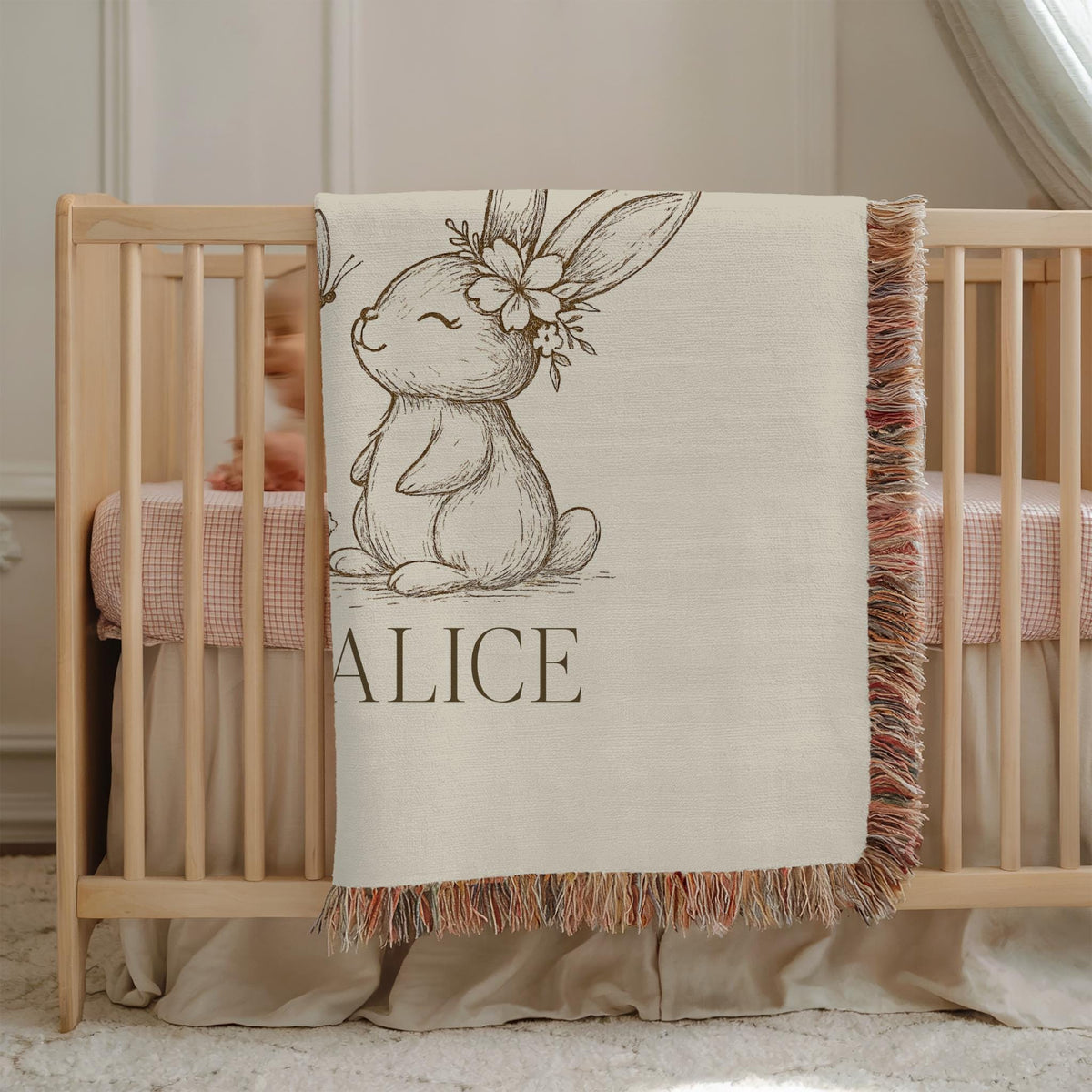Personalized Bunny Baby Blanket: Vintage Woodland Nursery Decor
