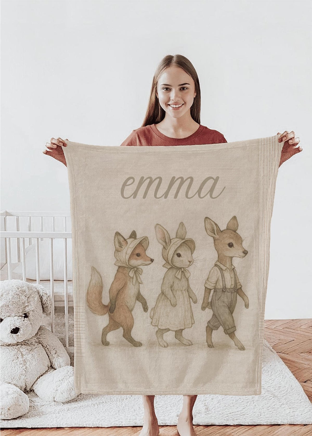 Personalized Woodland Baby Blanket: Vintage Fox, Bunny & Deer