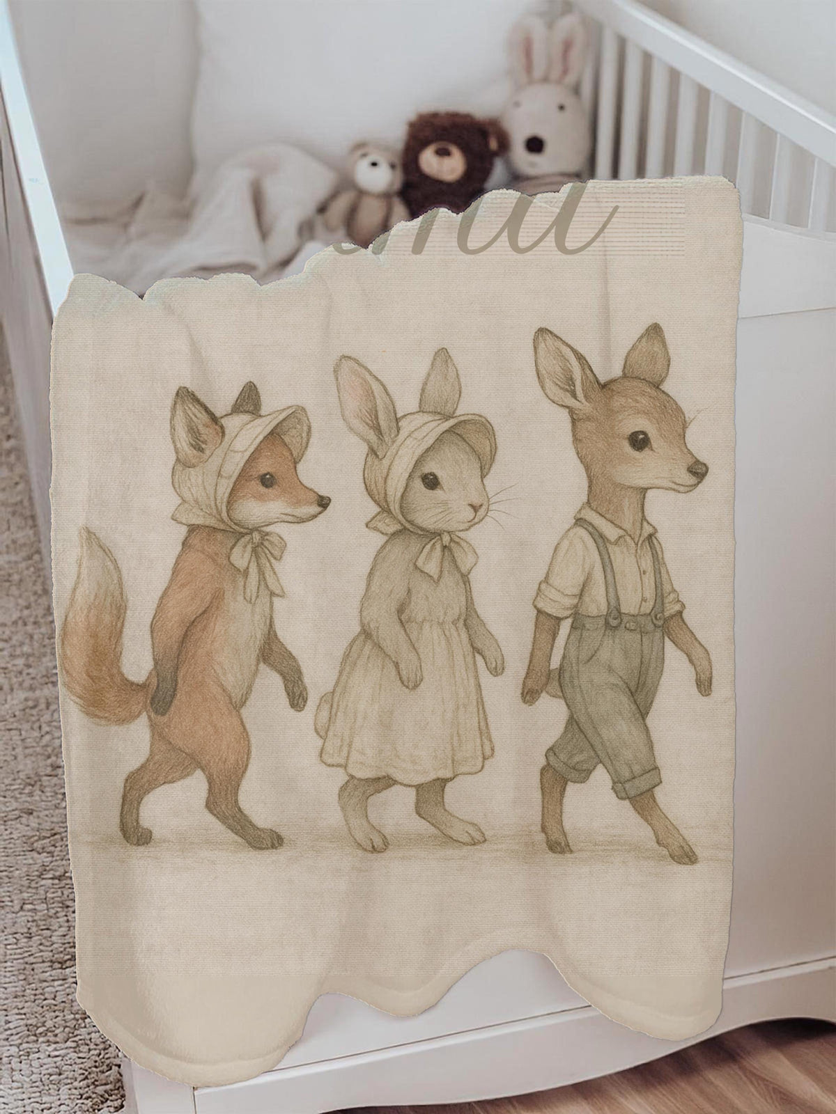 Personalized Woodland Baby Blanket: Vintage Fox, Bunny & Deer