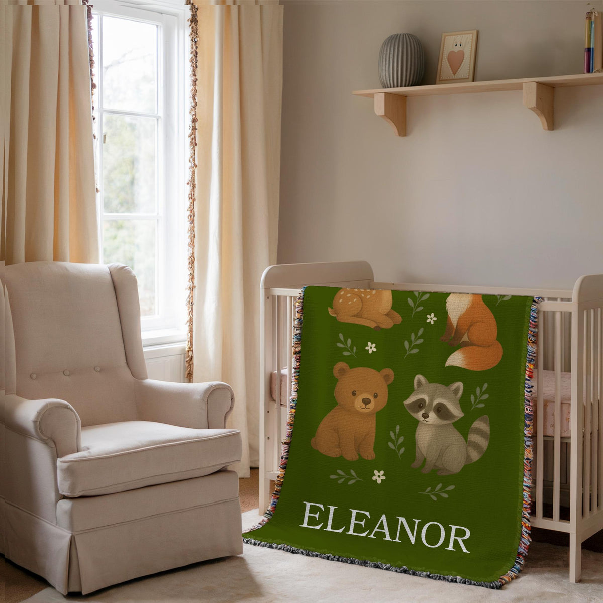 Personalized Woodland Animals Baby Blanket: Sage Green Nursery Decor