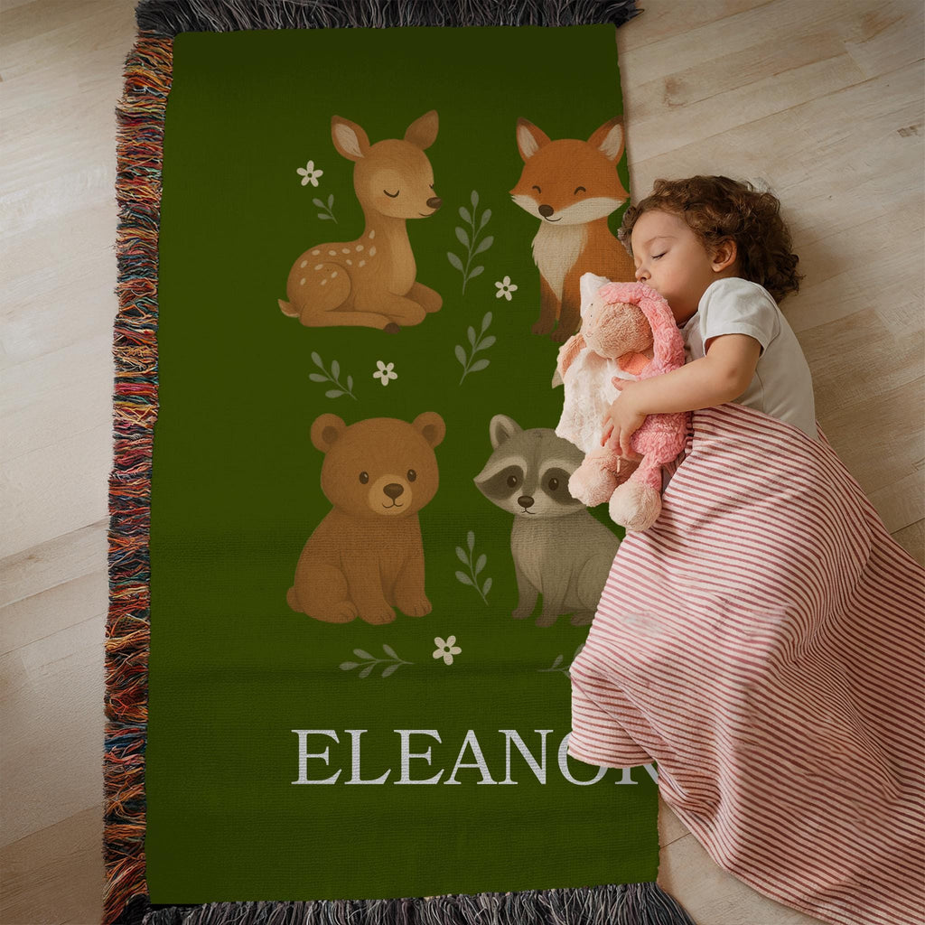 Personalized Woodland Animals Baby Blanket: Sage Green Nursery Decor