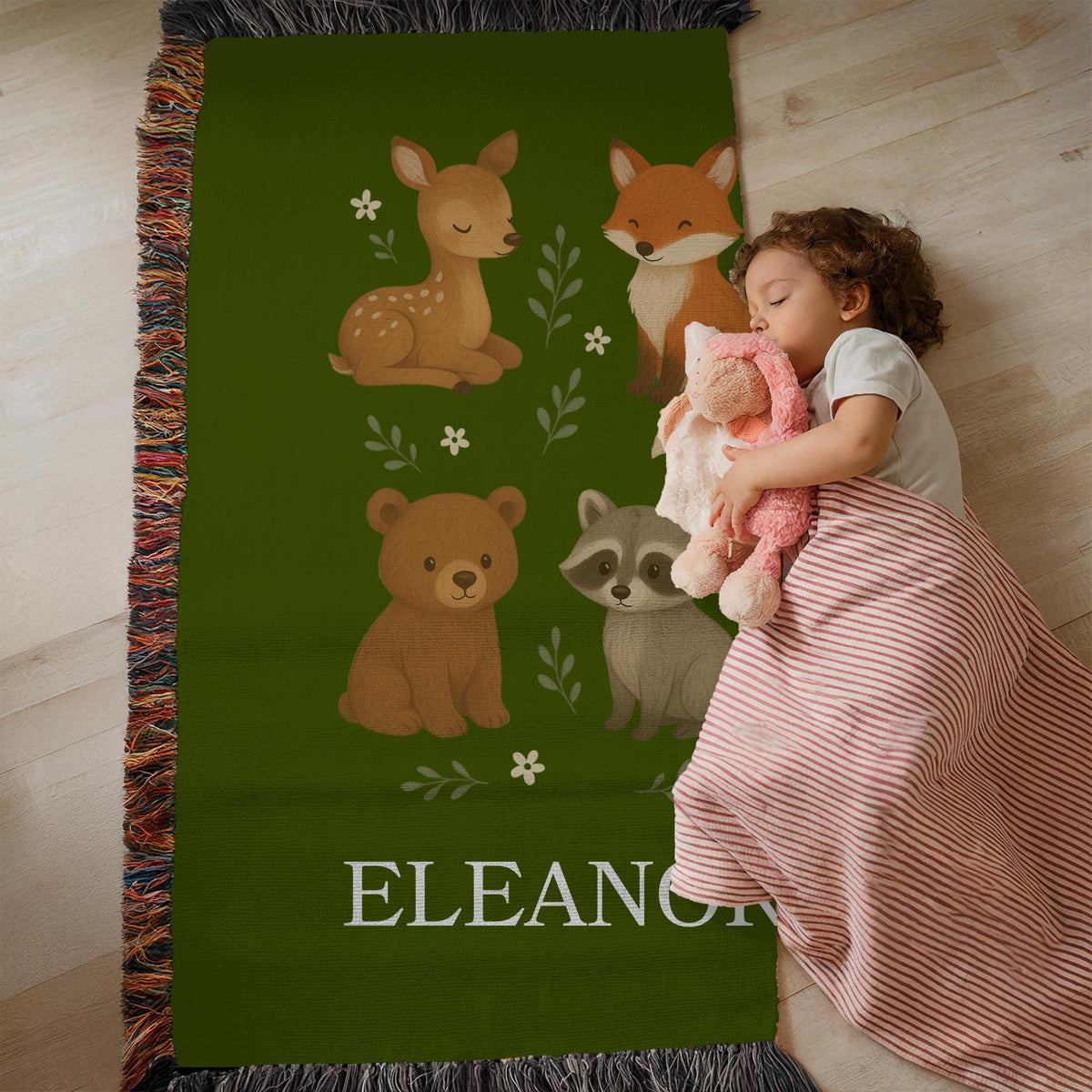Personalized Woodland Animals Baby Blanket: Sage Green Nursery Decor