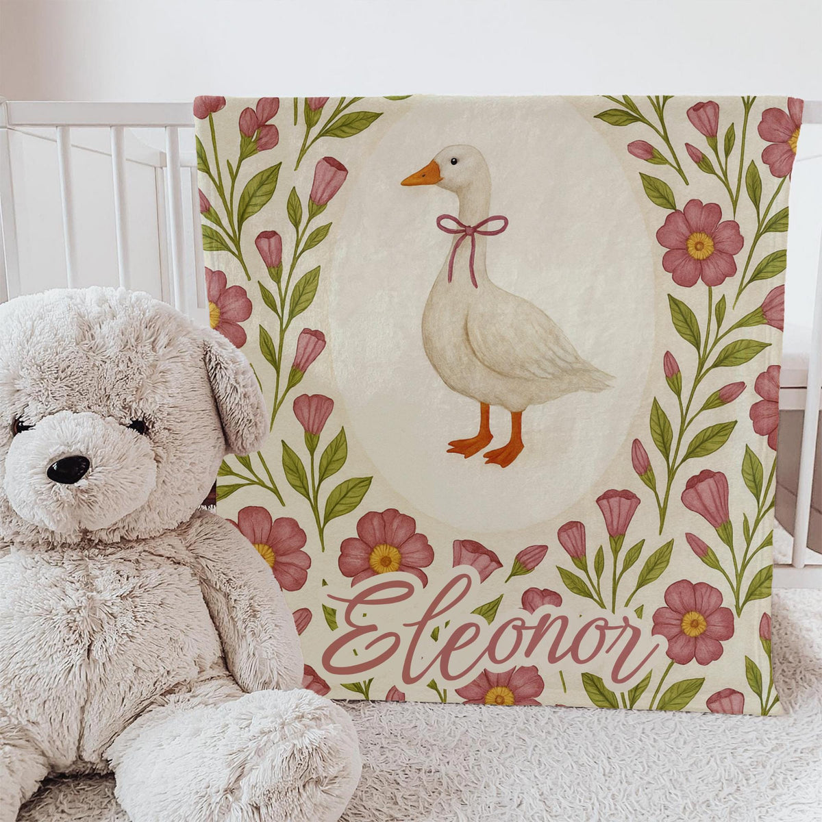 Personalized Baby Girl Fleece Blanket: Goose & Floral Nursery Decor