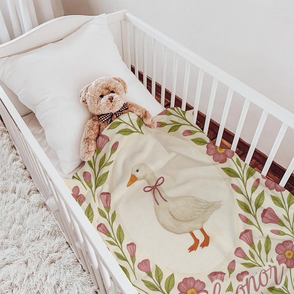 Personalized Baby Girl Fleece Blanket: Goose & Floral Nursery Decor