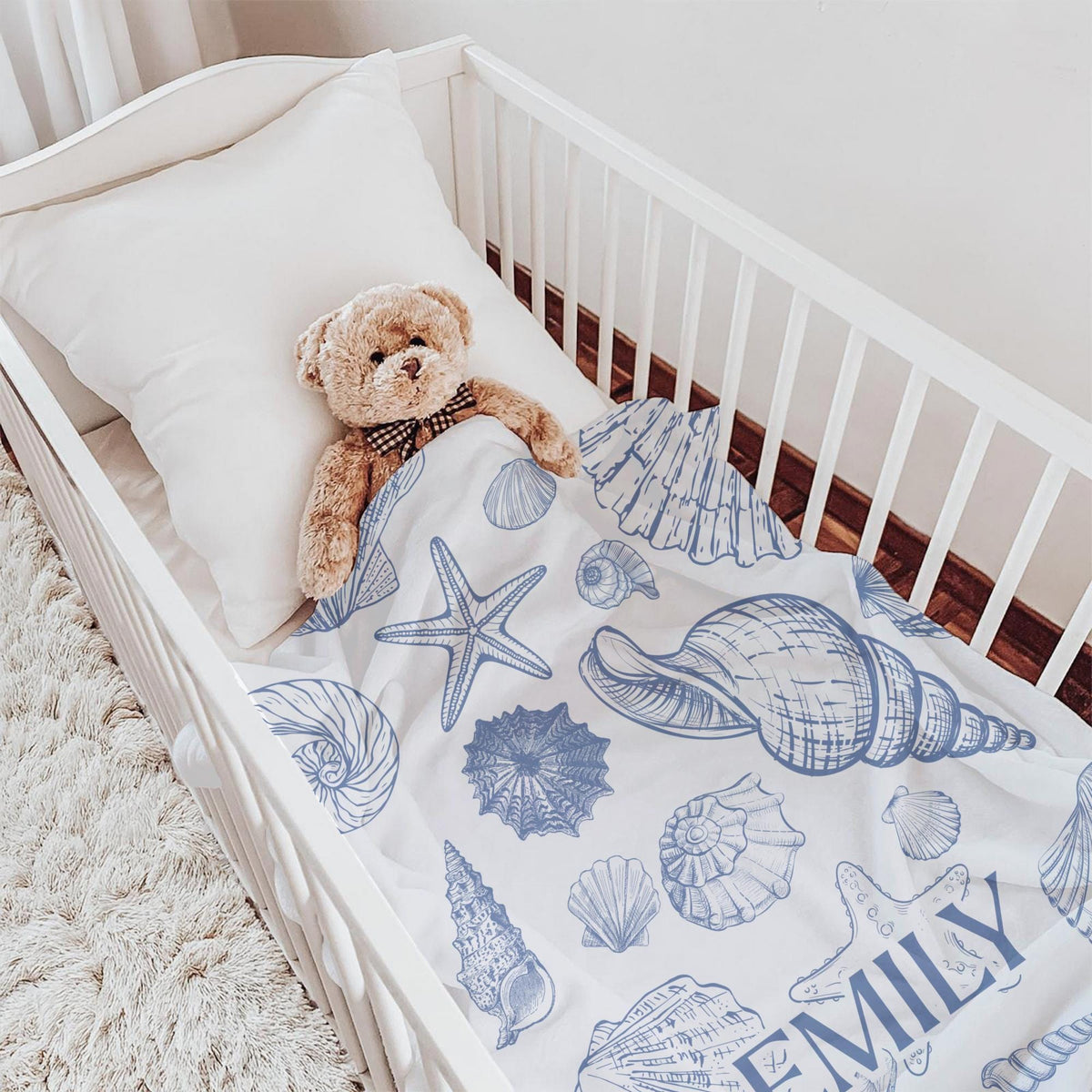 Personalized Seashell Baby Blanket – Coastal Ocean Nursery Gift for Girls