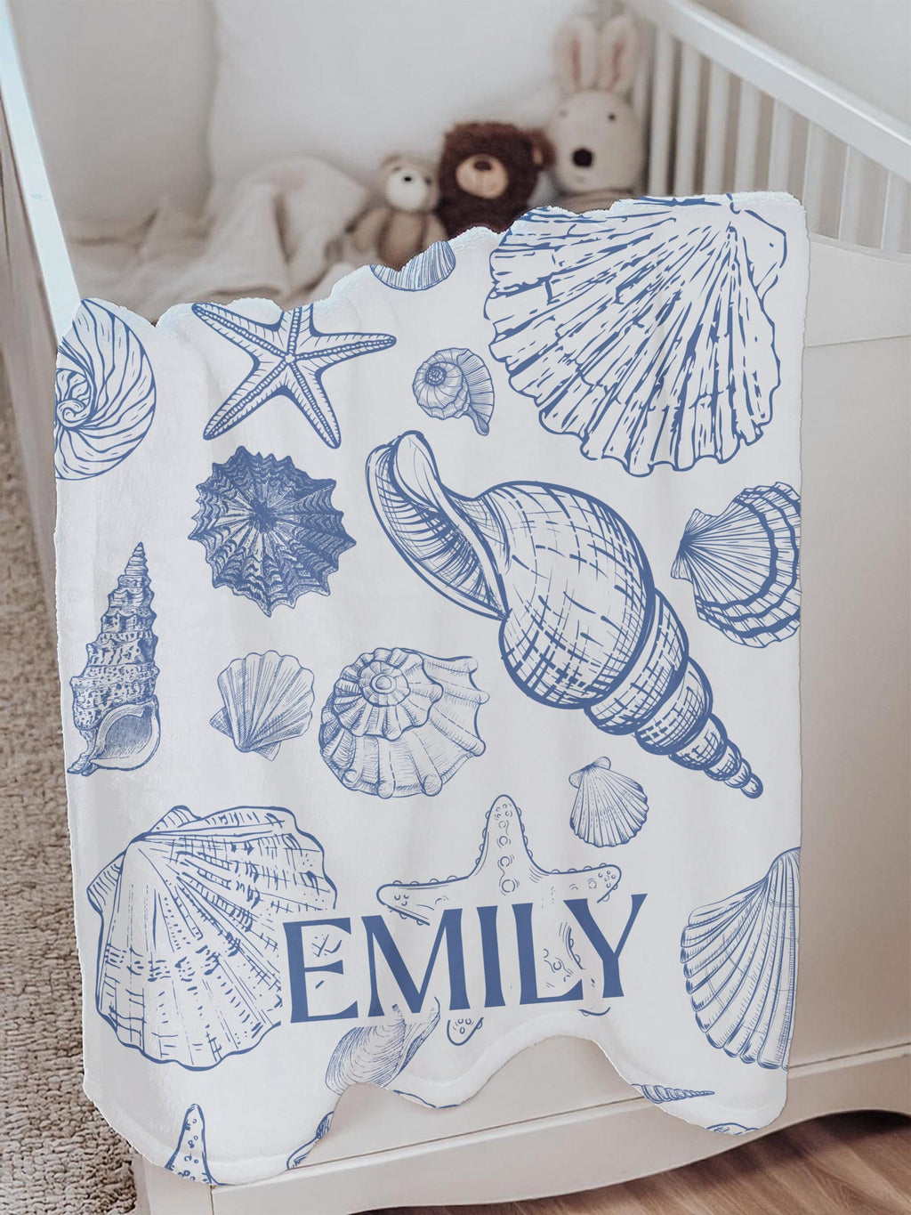 Personalized Seashell Baby Blanket – Coastal Ocean Nursery Gift for Girls