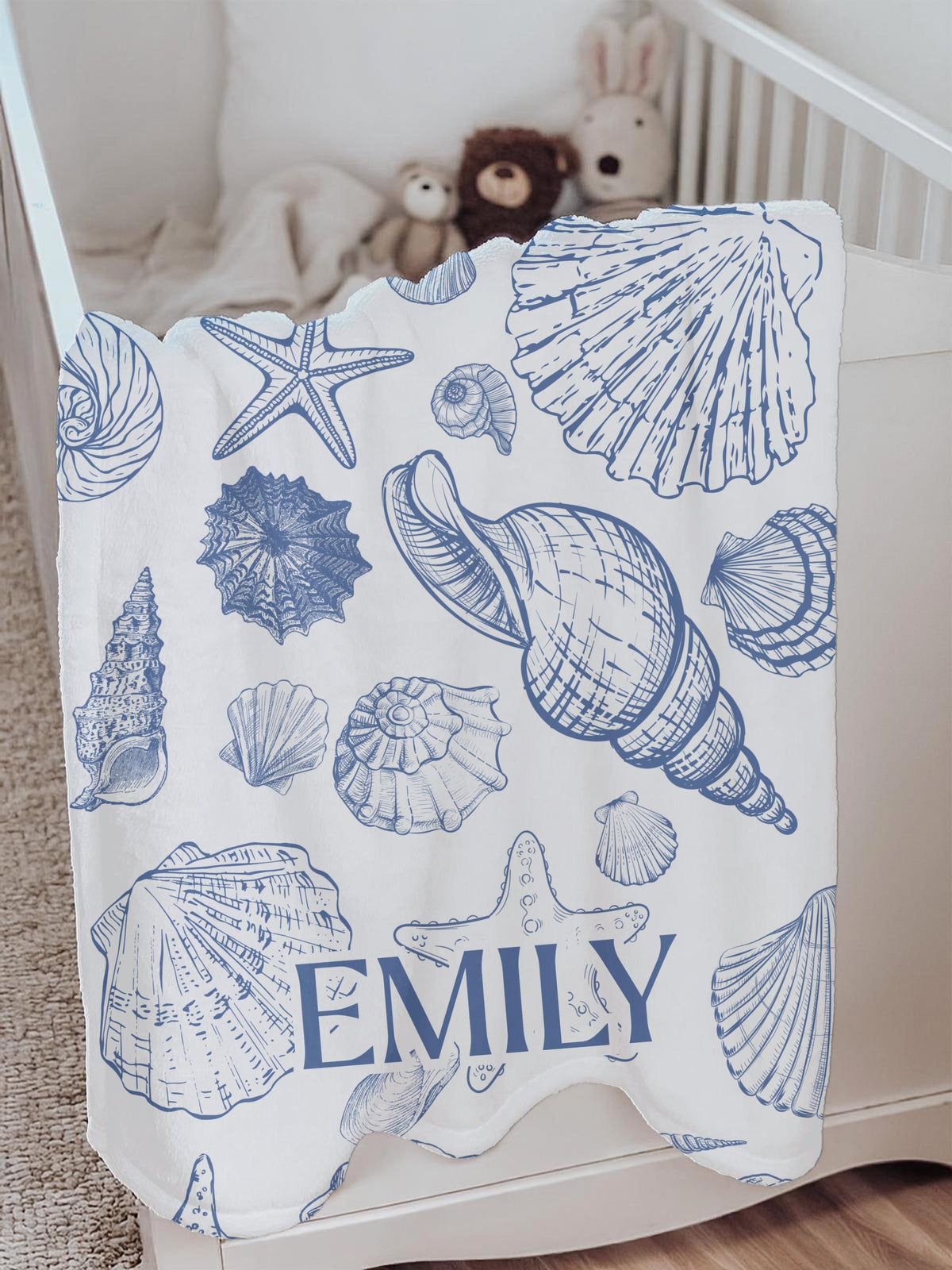 Personalized Seashell Baby Blanket – Coastal Ocean Nursery Gift for Girls