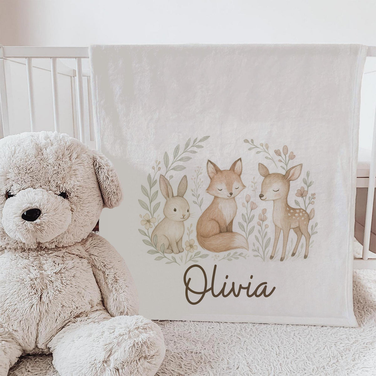Personalized Woodland Baby Blanket: Bunny, Fox & Deer Nursery Decor