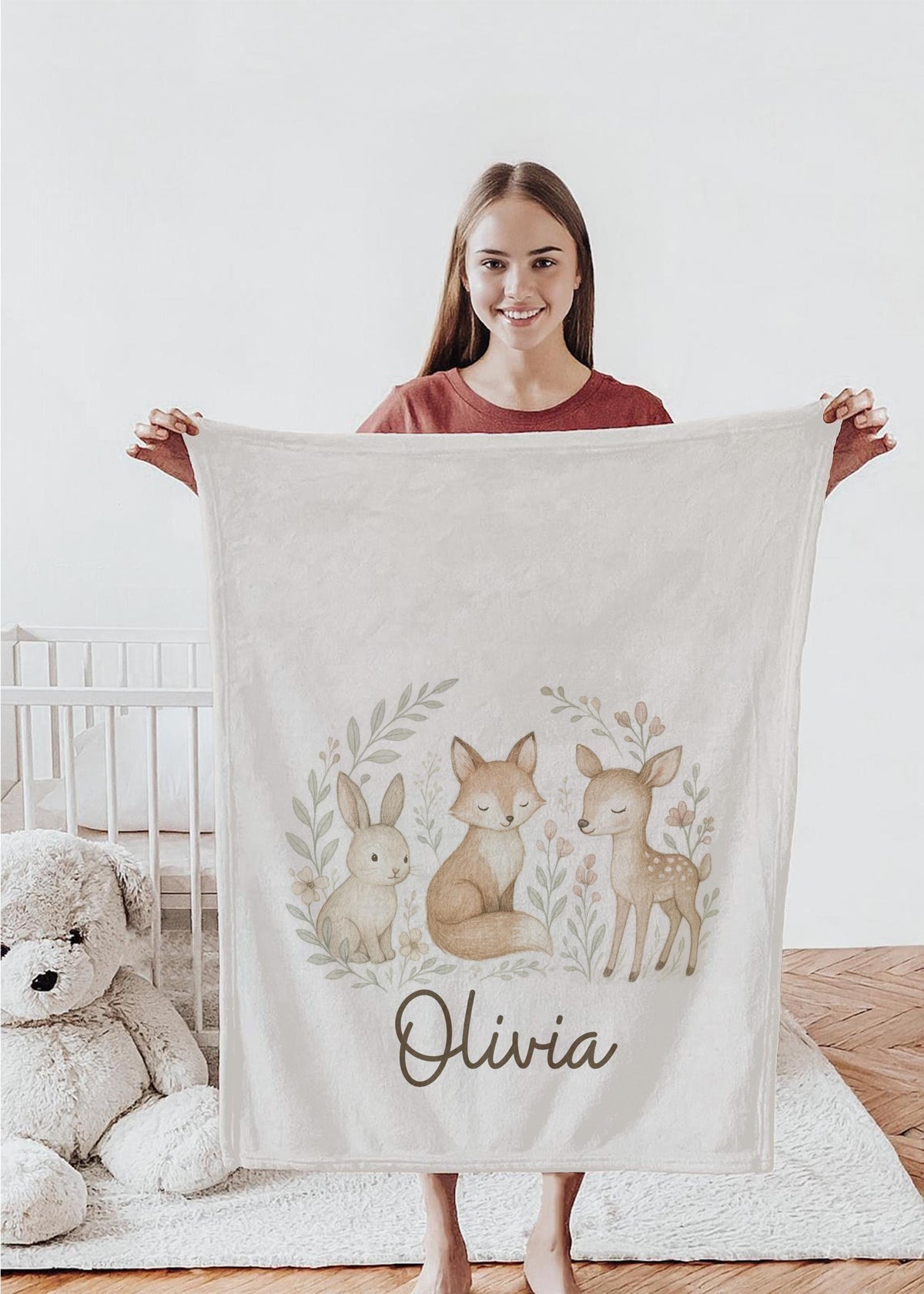 Personalized Woodland Baby Blanket: Bunny, Fox & Deer Nursery Decor