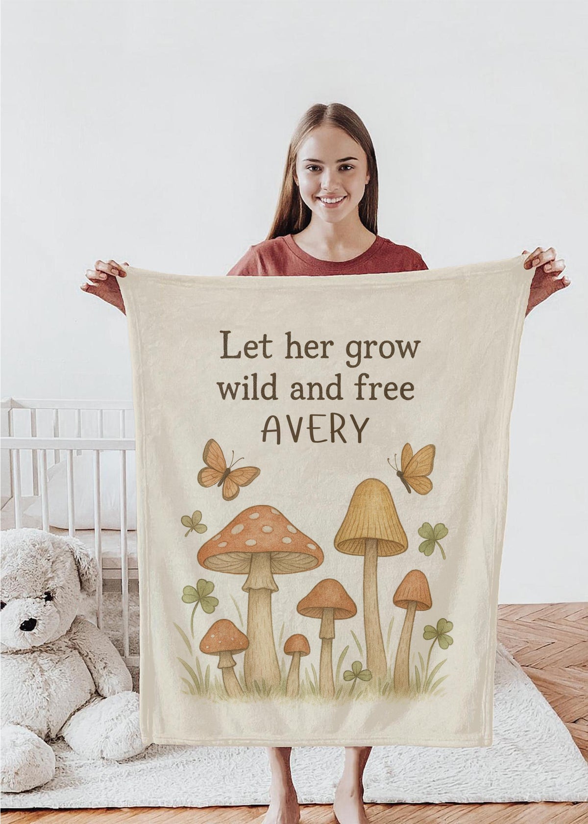 Personalized Woodland Baby Blanket: Mushroom Forest, Boho Nursery Decor