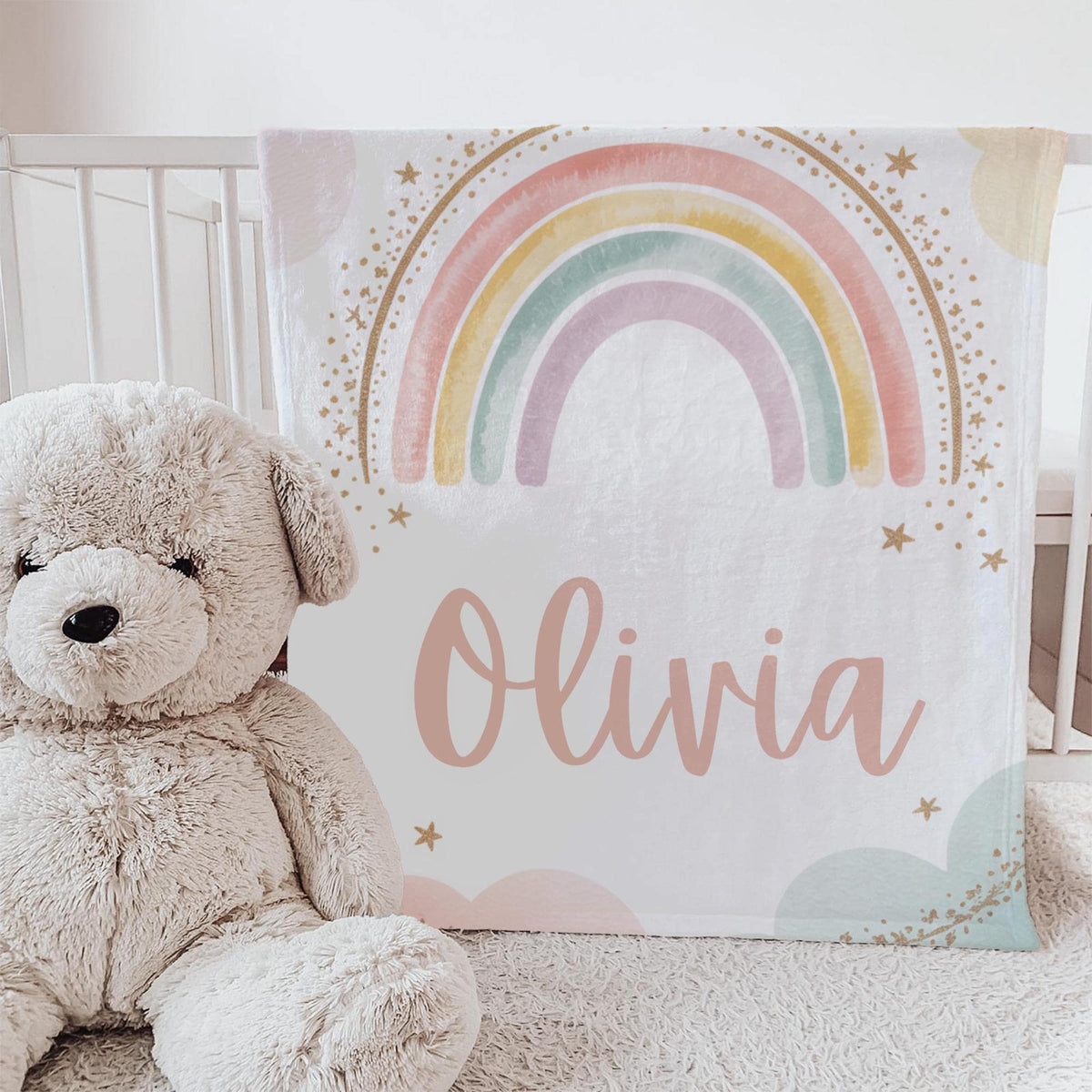 Personalized Rainbow Blanket: Soft Fleece, Custom Name, Pastel Colors