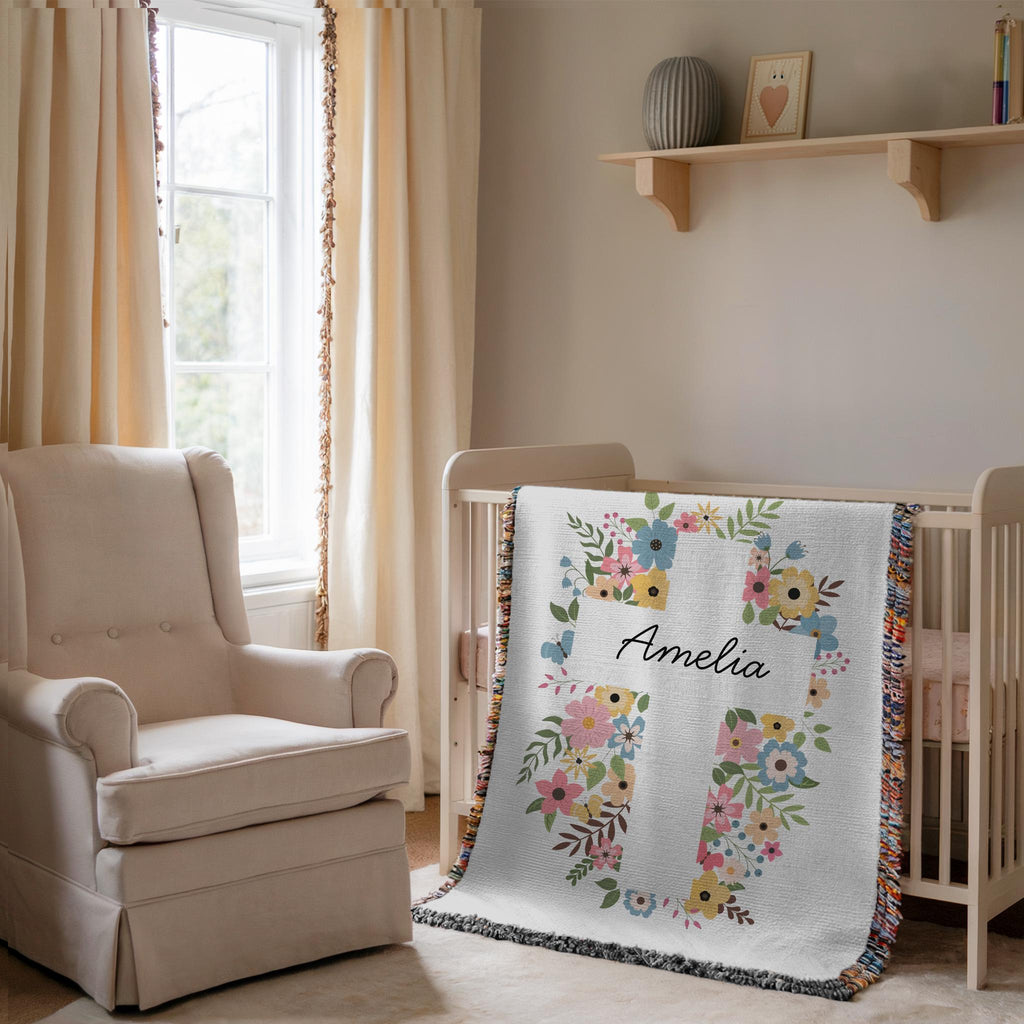 Personalized Floral Cross Baby Blanket: Woven Christening Gift