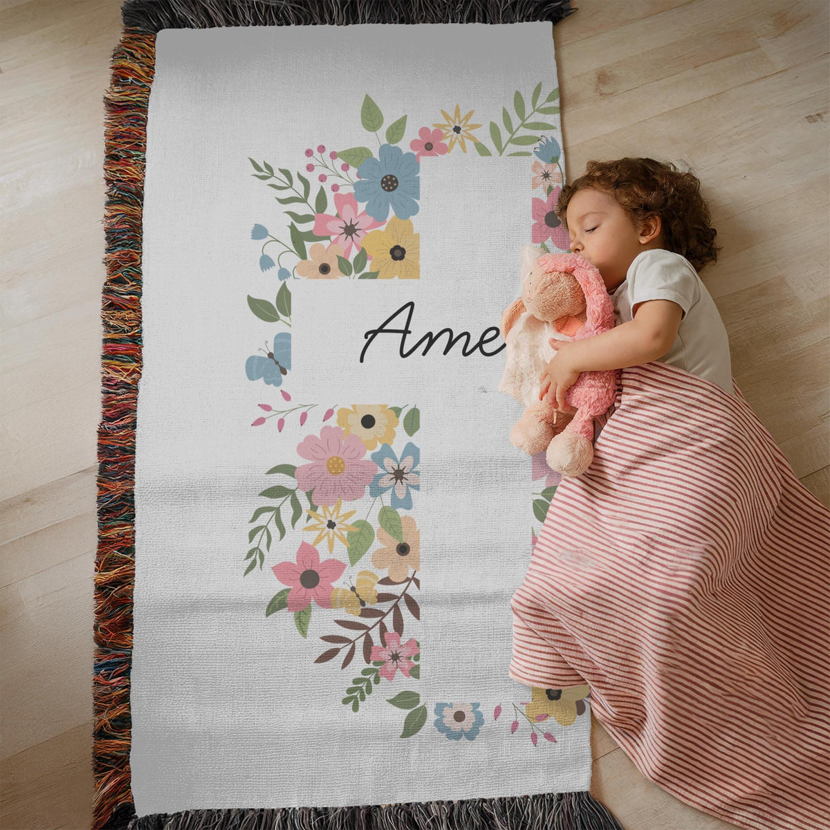 Personalized Floral Cross Baby Blanket: Woven Christening Gift