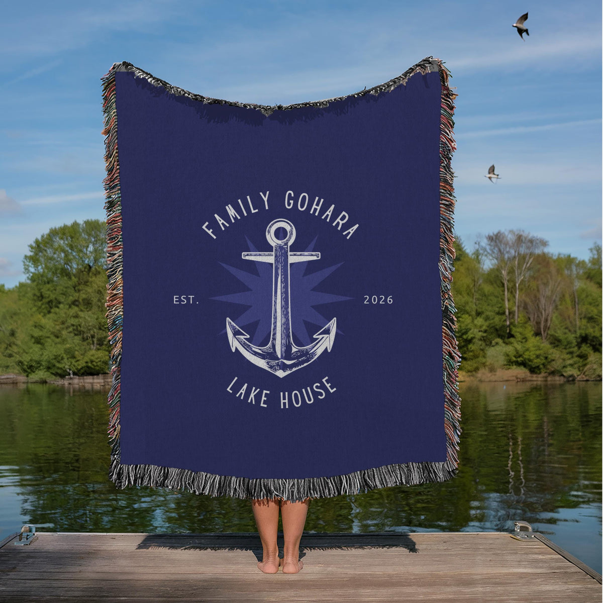 Personalized Lake House Throw Blanket: Nautical Anchor Woven Cabin Decor