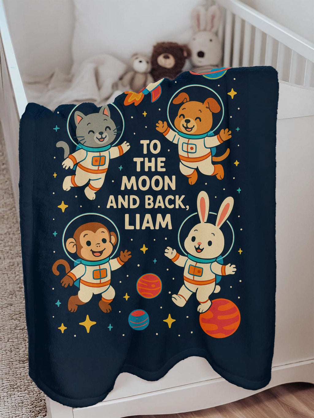 Personalized Space Adventure Baby Blanket: Astronaut Animals Nursery Decor
