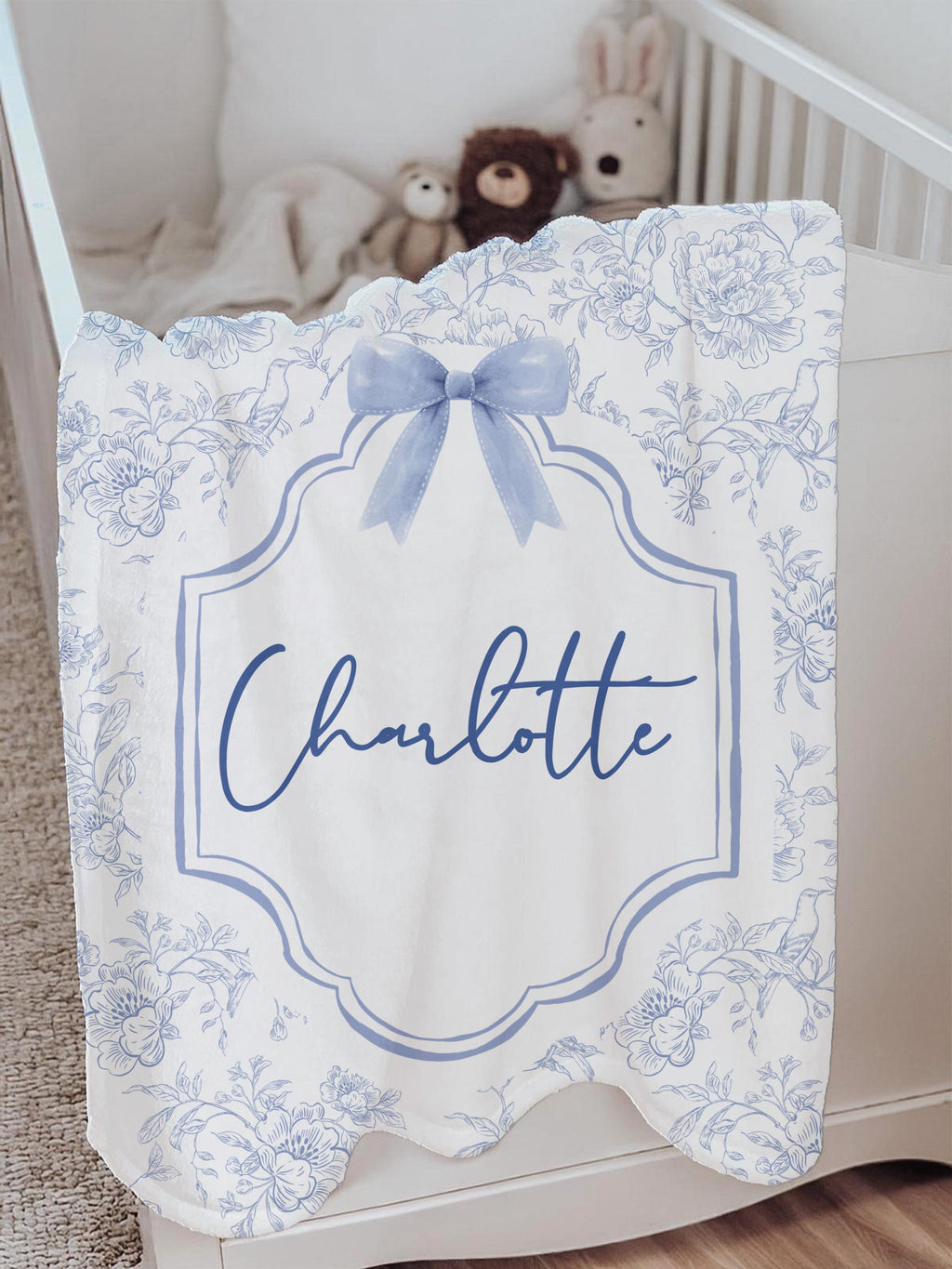 Personalized Baby Girl Blanket: Blue Floral Bow, Custom Name