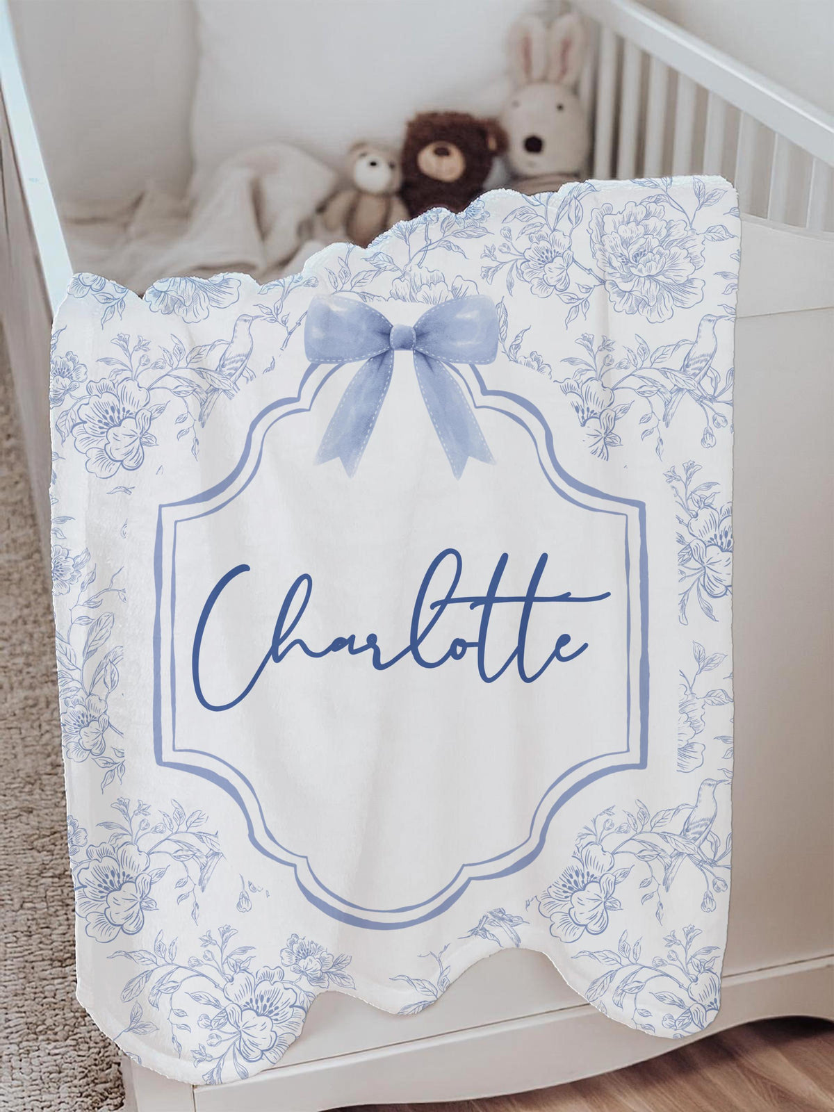 Personalized Baby Girl Blanket: Blue Floral Bow, Custom Name