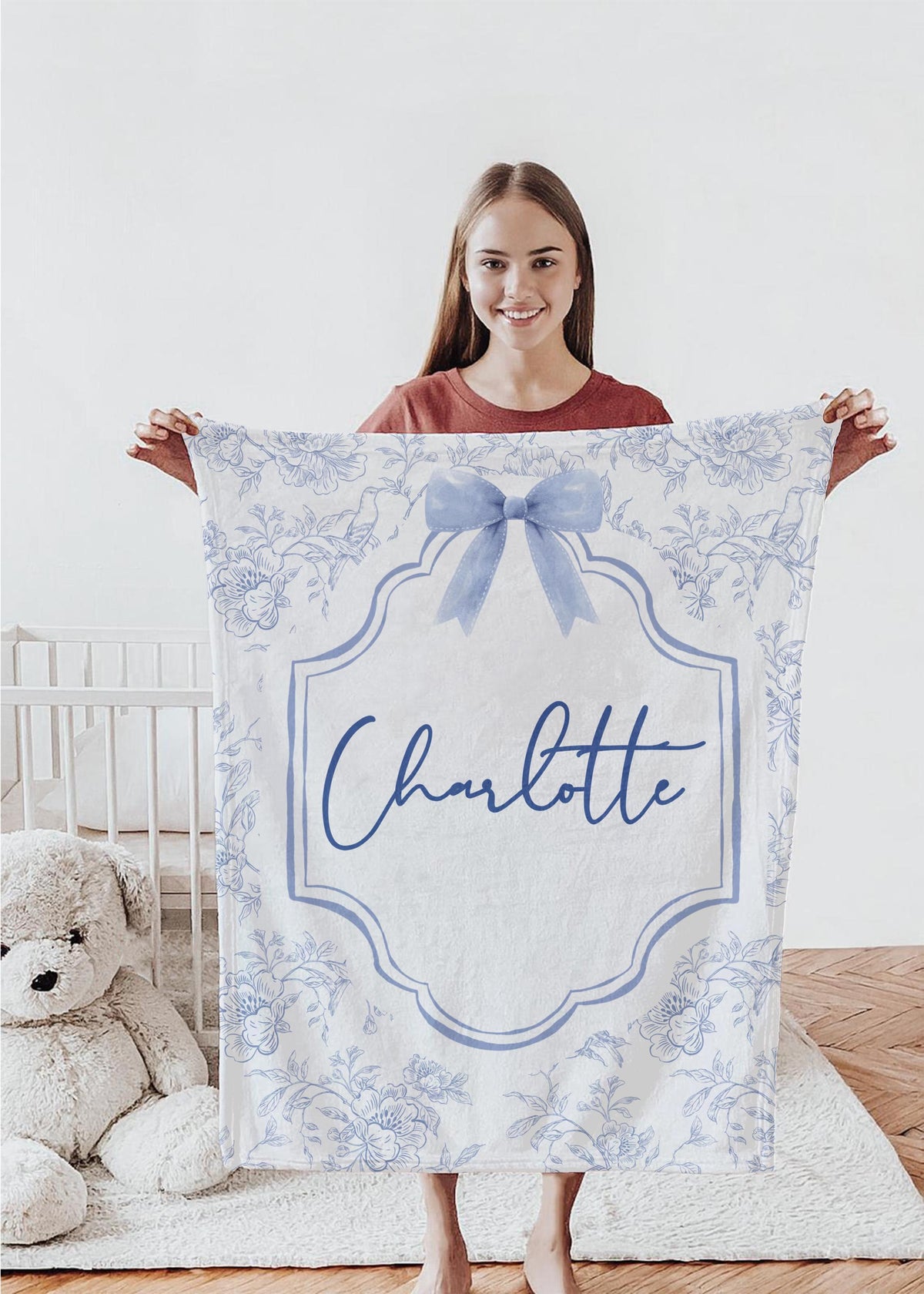 Personalized Baby Girl Blanket: Blue Floral Bow, Custom Name