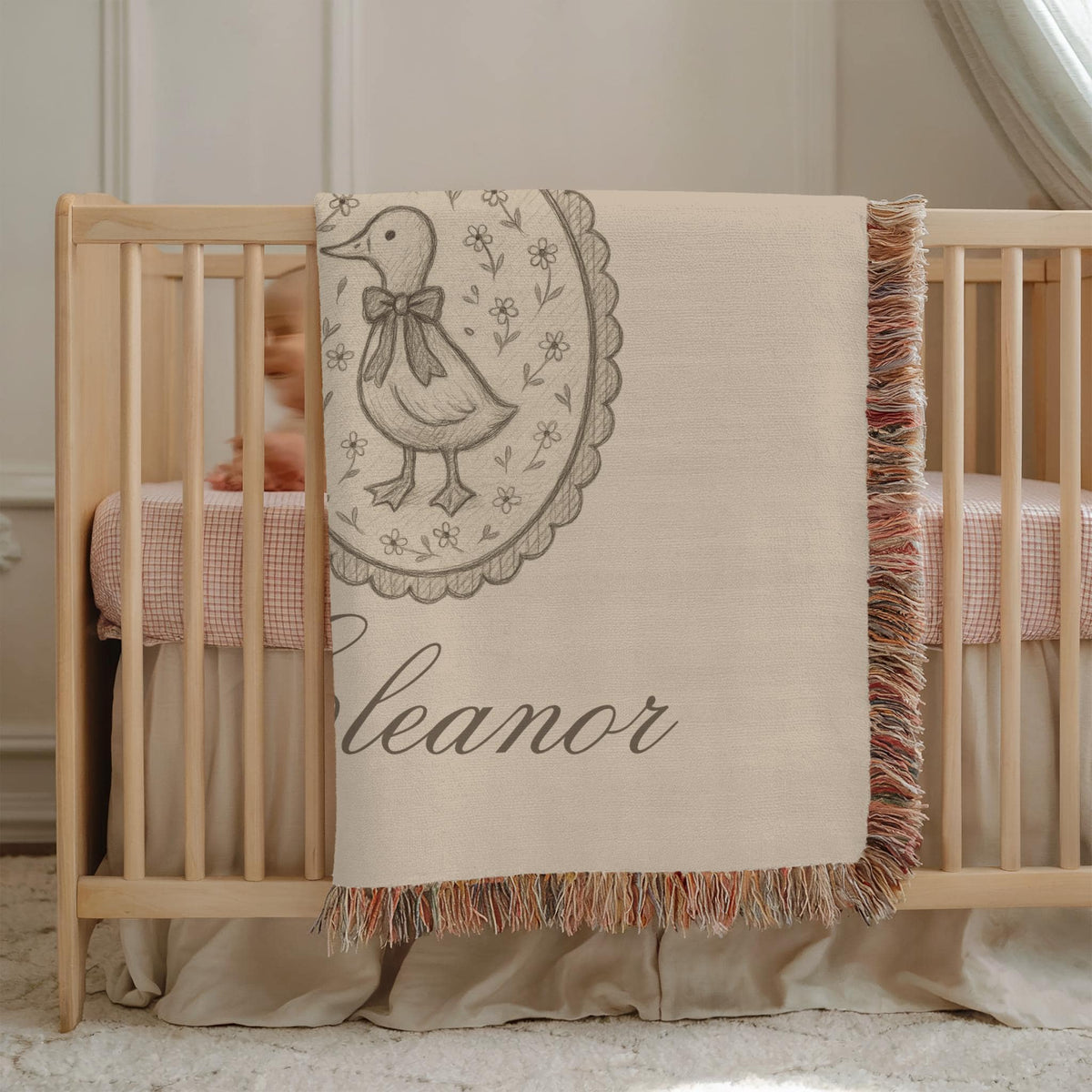 Personalized Duck Baby Blanket with Name – Vintage Woven Nursery Blanket for Girls