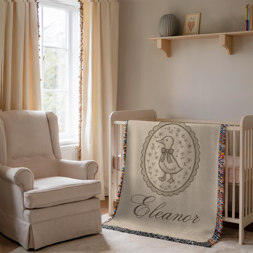 Personalized Duck Baby Blanket with Name – Vintage Woven Nursery Blanket for Girls