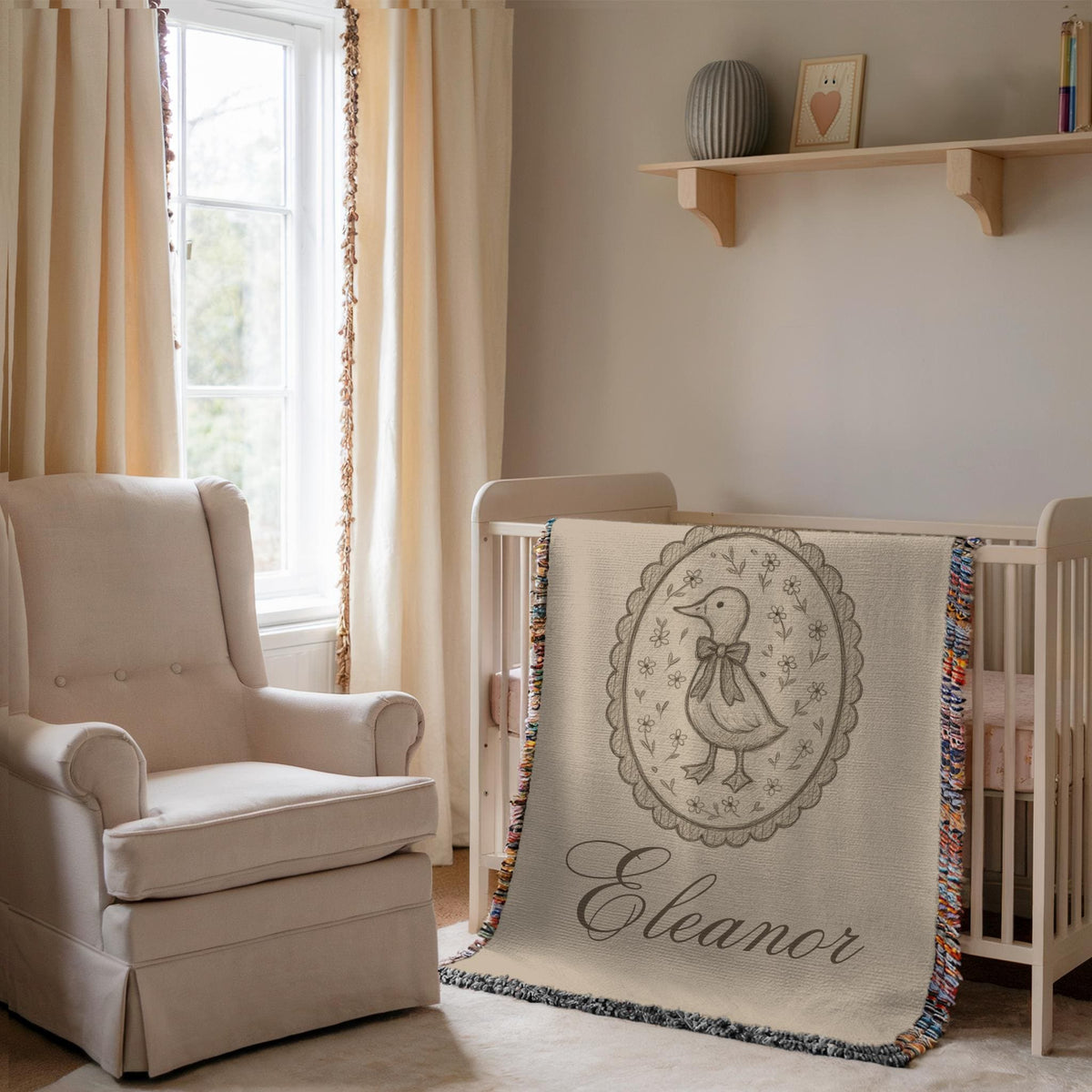 Personalized Duck Baby Blanket with Name – Vintage Woven Nursery Blanket for Girls