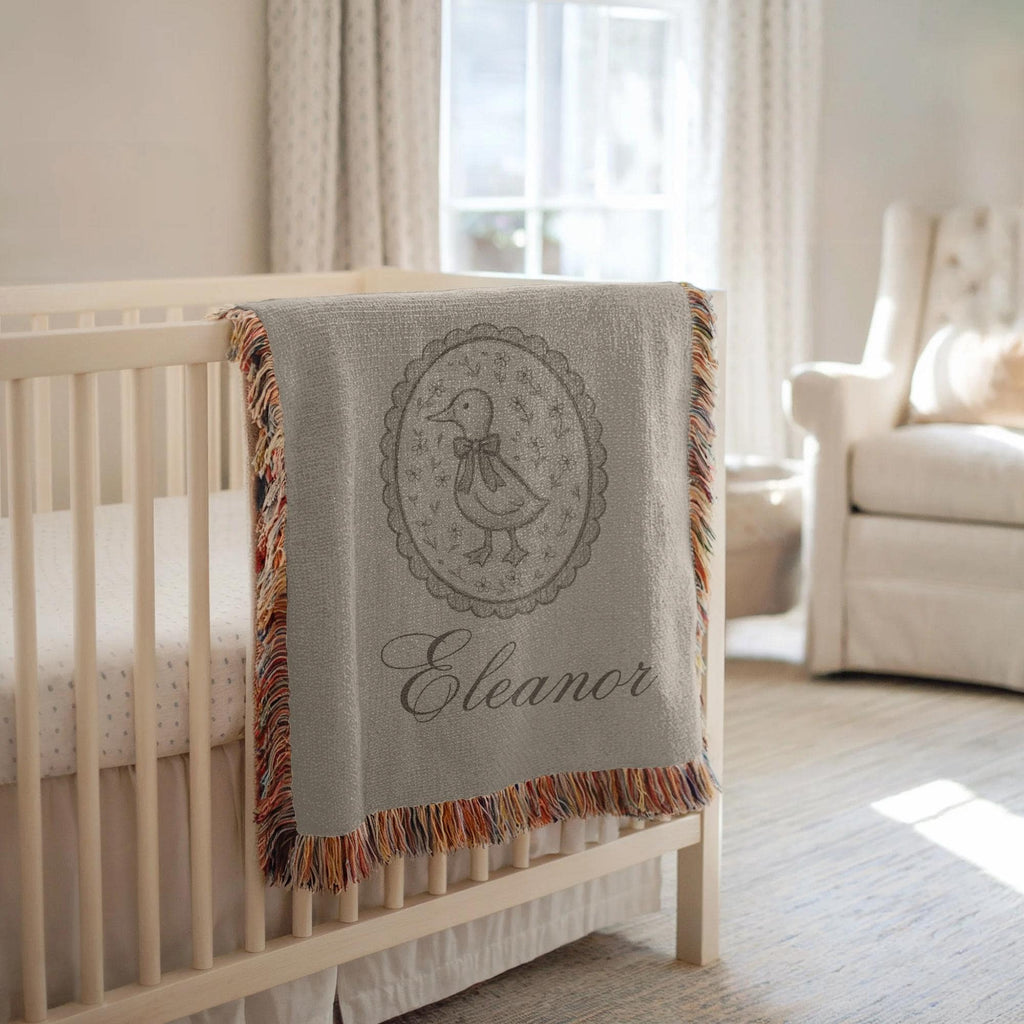 Personalized Duck Baby Blanket with Name – Vintage Woven Nursery Blanket for Girls