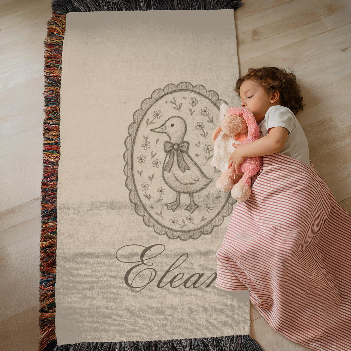 Personalized Duck Baby Blanket with Name – Vintage Woven Nursery Blanket for Girls