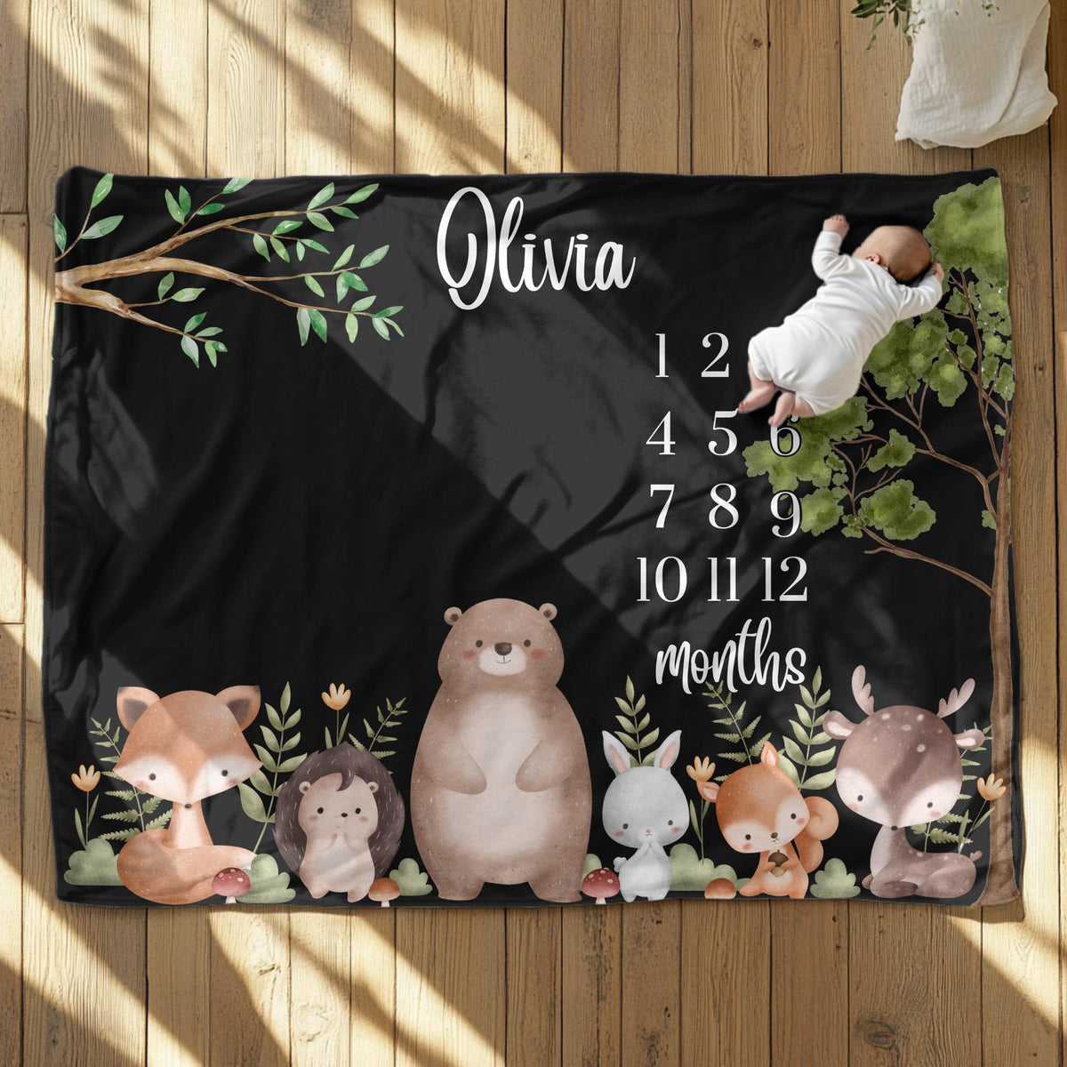 Personalized Woodland Baby Milestone Blanket: Forest Animals Photo Prop