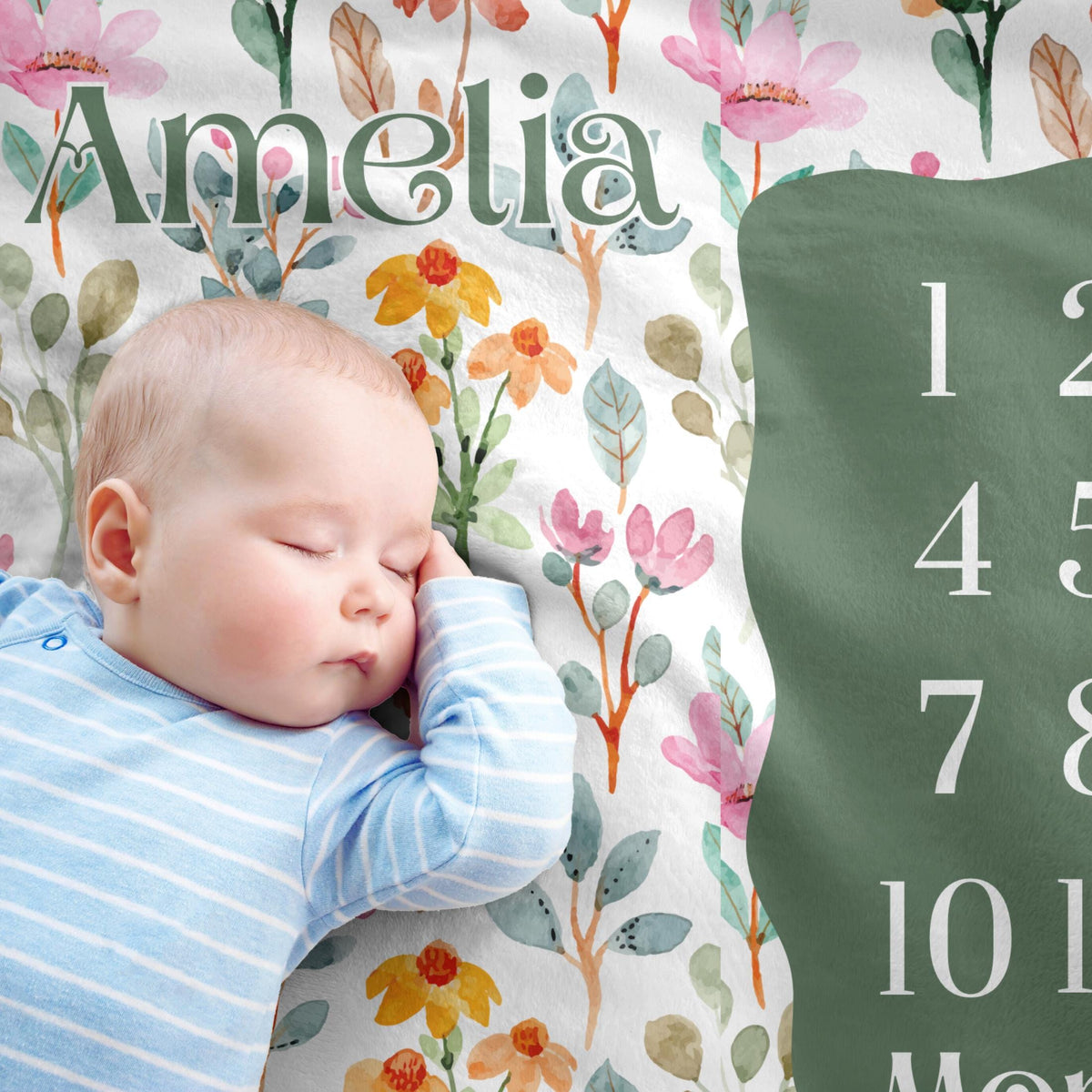 Personalized Floral Baby Milestone Blanket: Custom Name Photo Prop