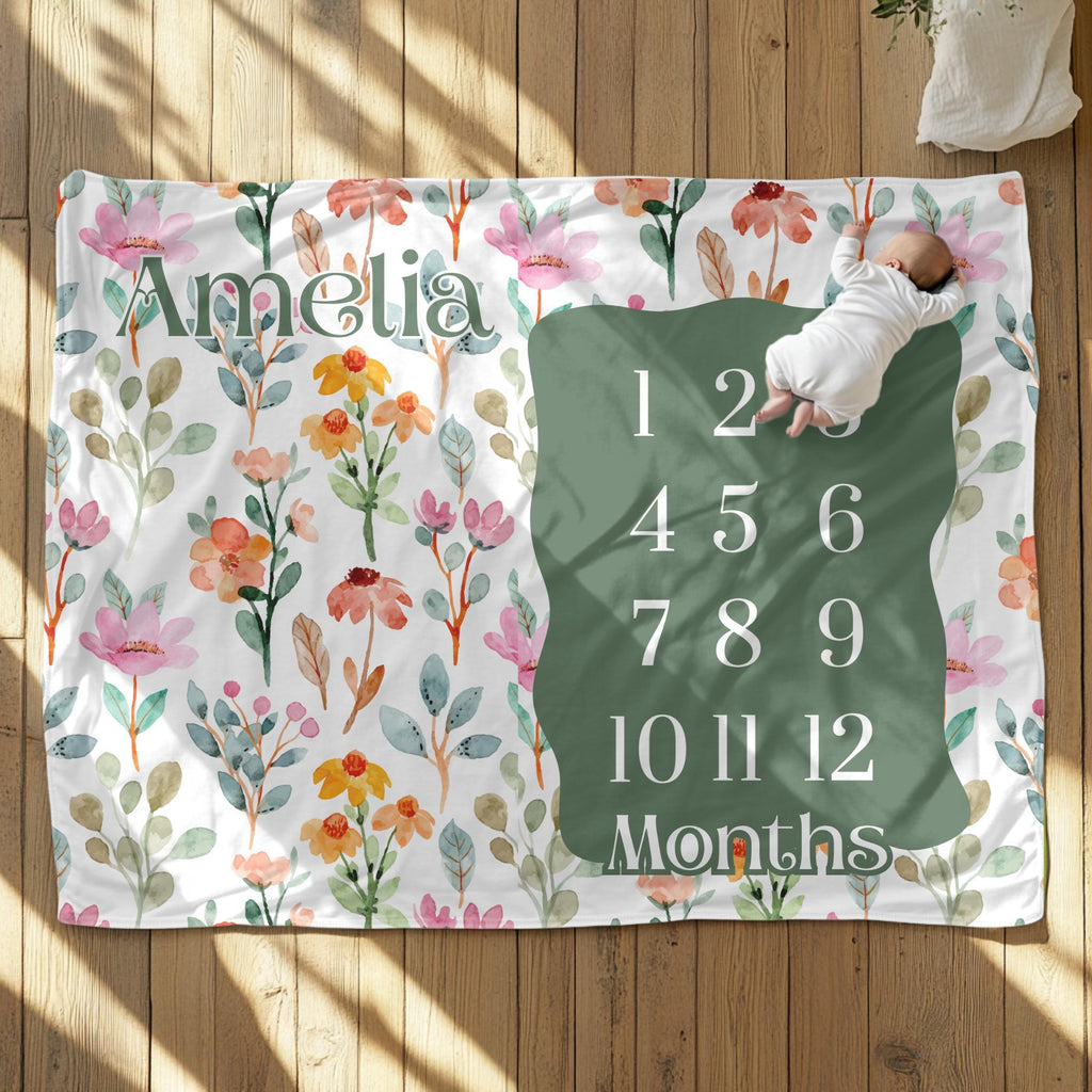 Personalized Floral Baby Milestone Blanket: Custom Name Photo Prop