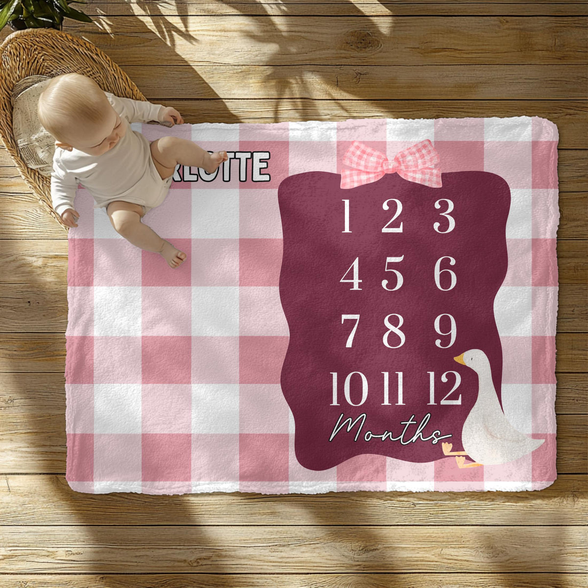 Personalized Baby Milestone Blanket: Pink Gingham Goose, Cottagecore Photo Prop