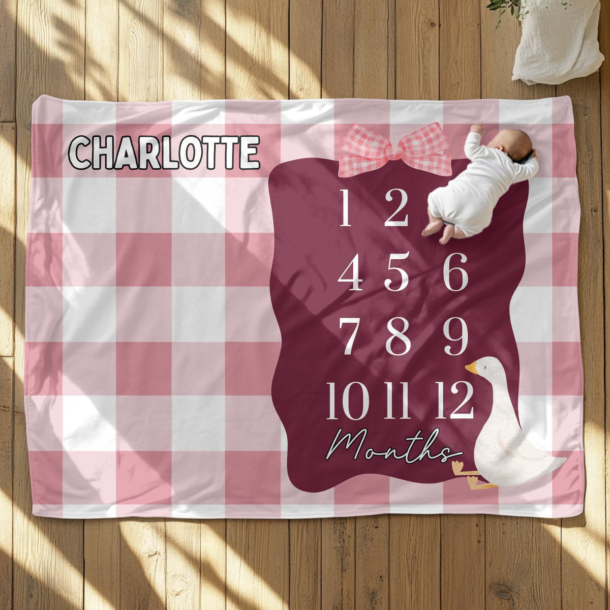 Personalized Baby Milestone Blanket: Pink Gingham Goose, Cottagecore Photo Prop