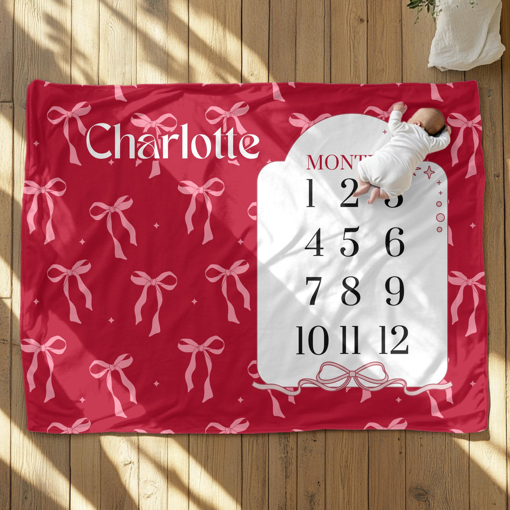 Personalized Pink Bow Baby Milestone Blanket – Custom Name Photo Prop for Girls
