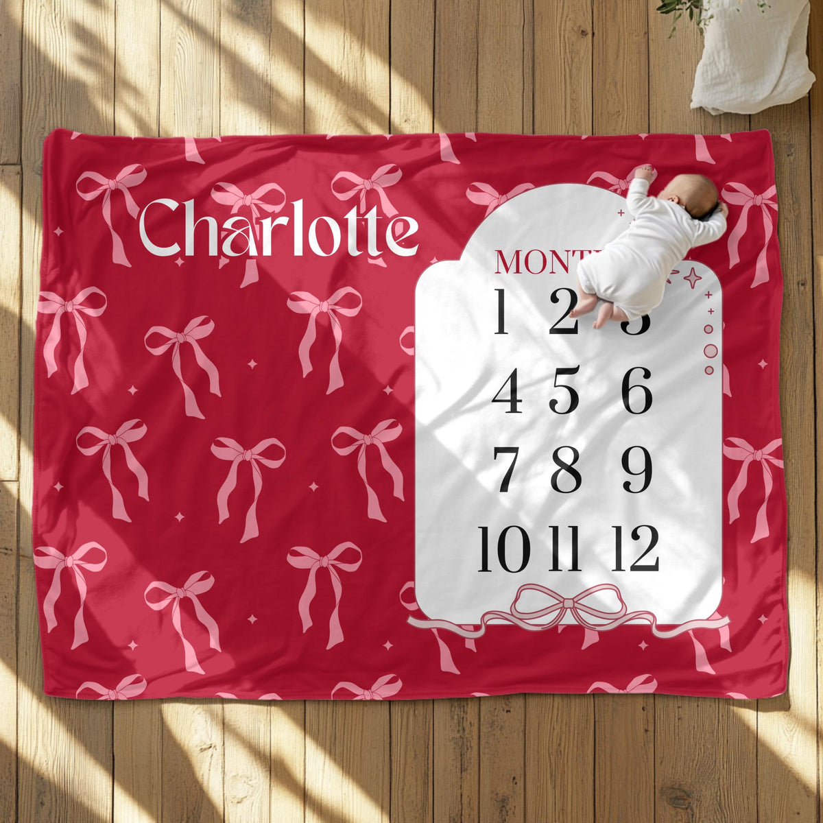 Personalized Pink Bow Baby Milestone Blanket – Custom Name Photo Prop for Girls