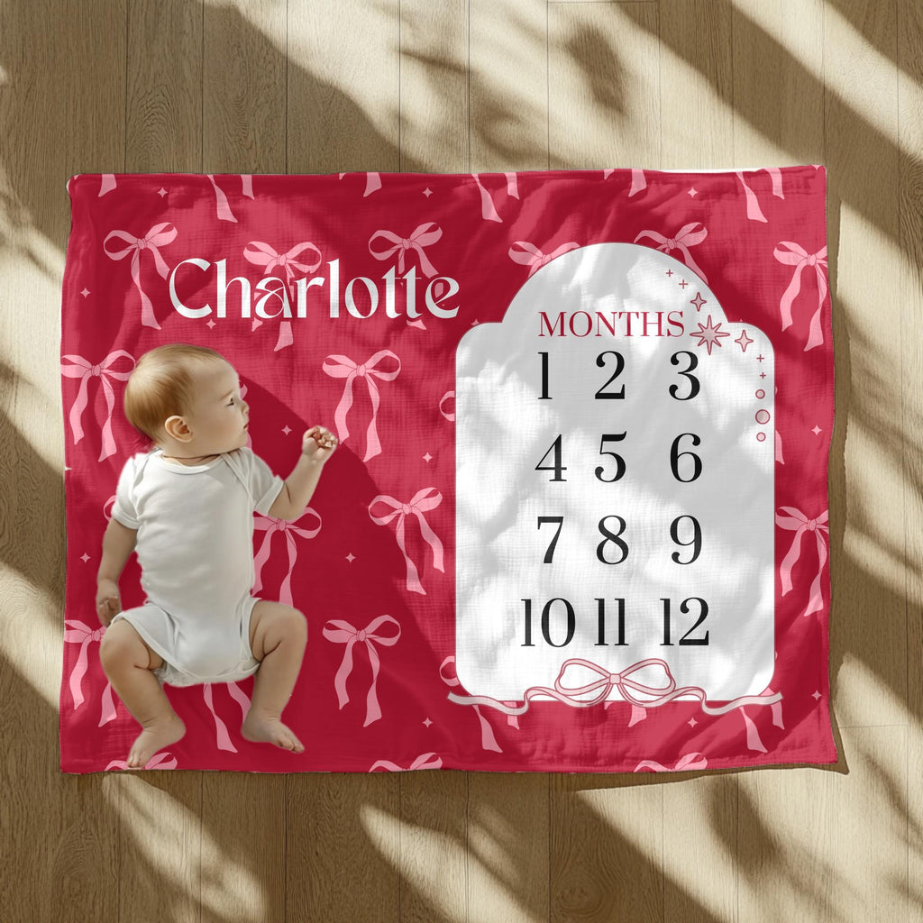 Personalized Pink Bow Baby Milestone Blanket – Custom Name Photo Prop for Girls