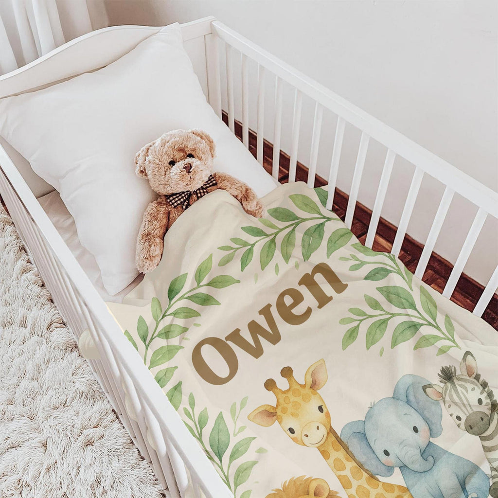 Personalized Safari Baby Blanket: Watercolor Jungle Animals, Custom Nursery Decor