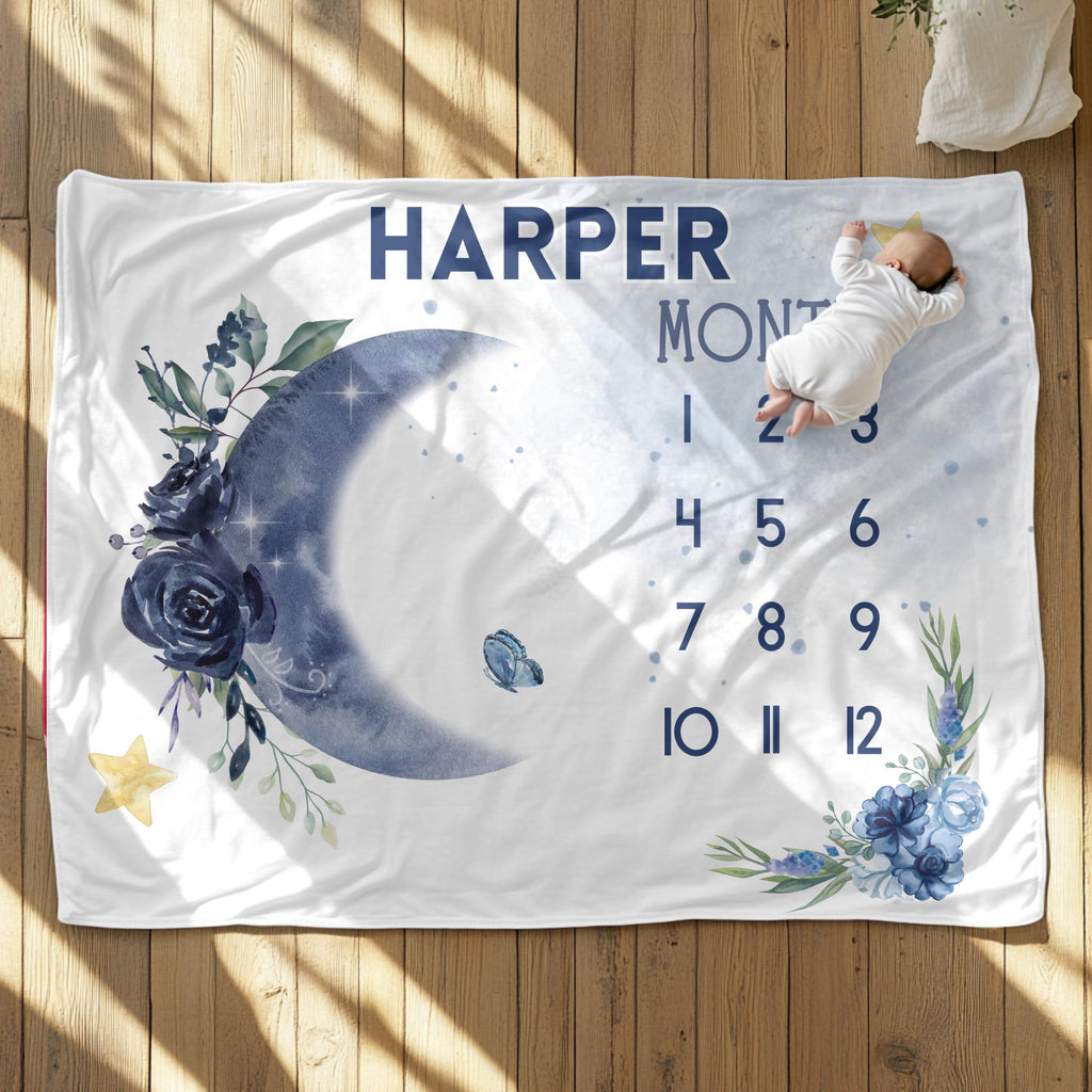 Personalized Moon & Stars Baby Milestone Blanket – Custom Name Monthly Tracker for Boys or Girls