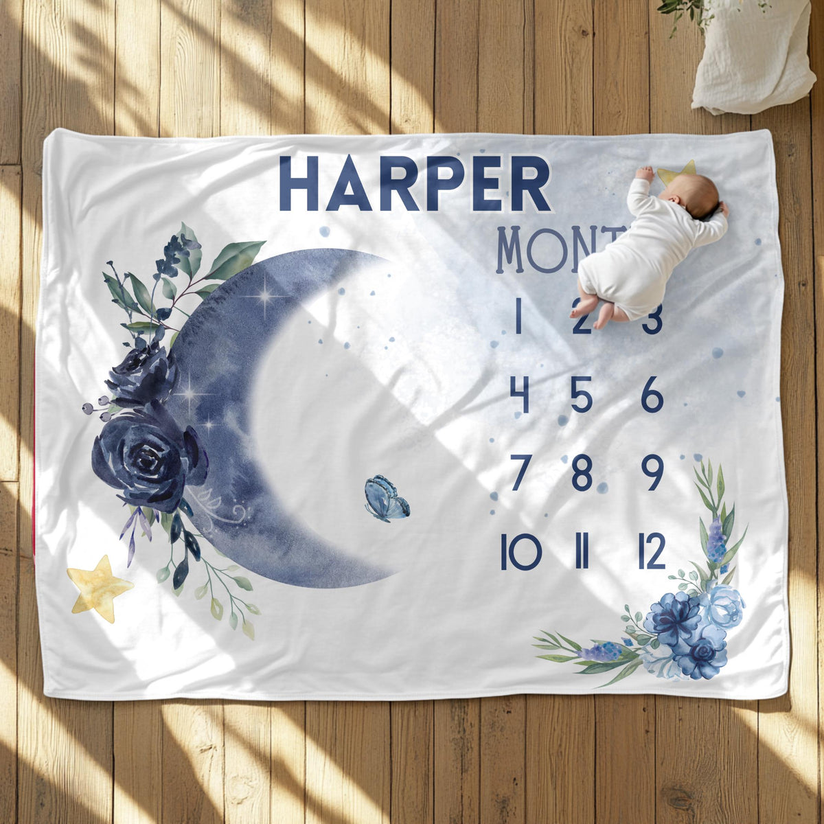 Personalized Moon & Stars Baby Milestone Blanket – Custom Name Monthly Tracker for Boys or Girls