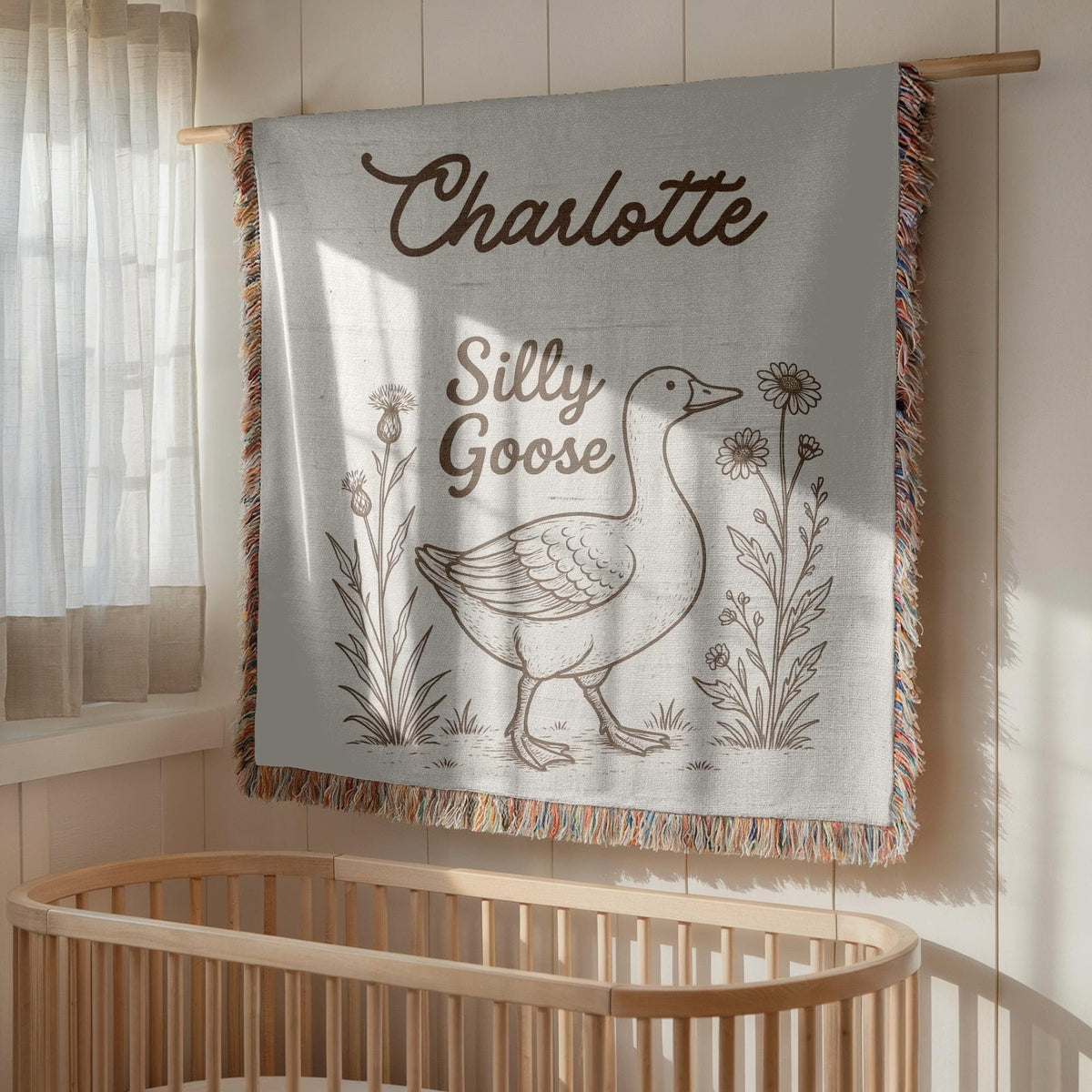 Personalized Goose Baby Blanket: Woven Cotton Crib Blanket, Cottagecore Nursery