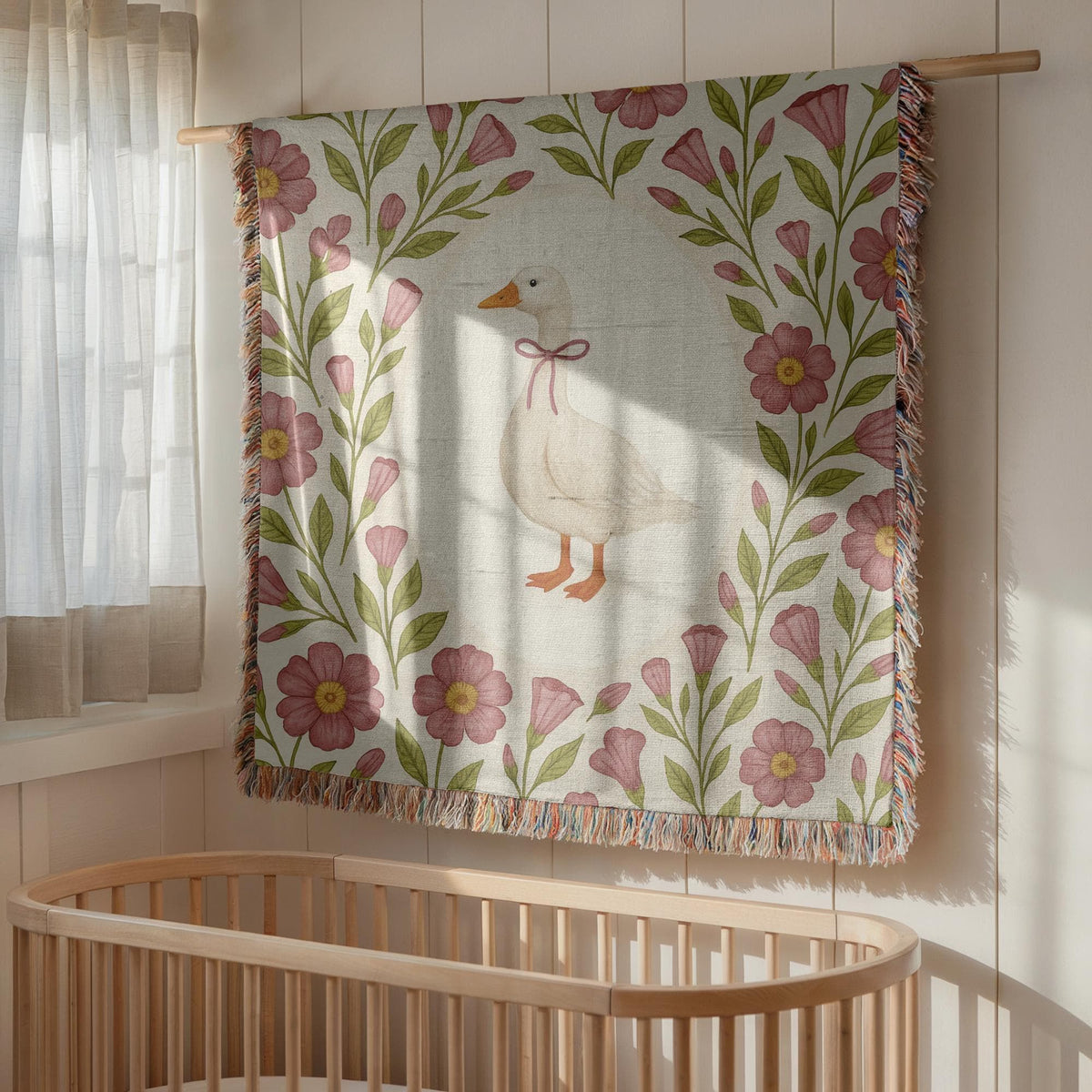Cottagecore Goose Baby Blanket: Floral Woven Nursery Throw