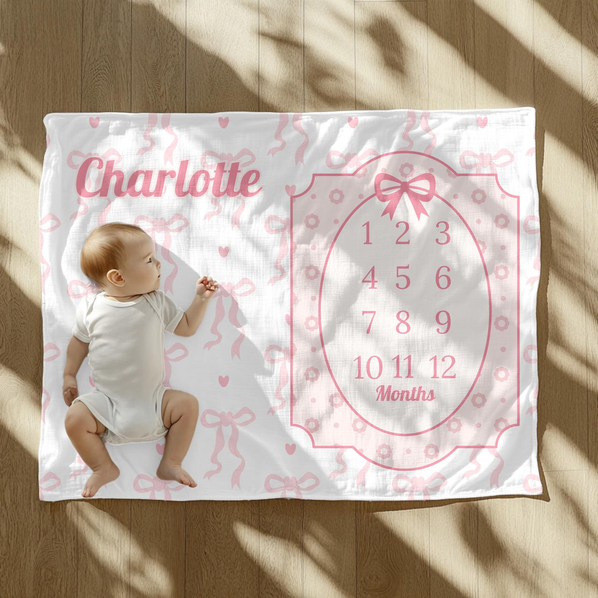 Coquette Baby Girl Milestone Blanket – Personalized Pink Bow Monthly Tracker, Soft Feminine Photo Prop