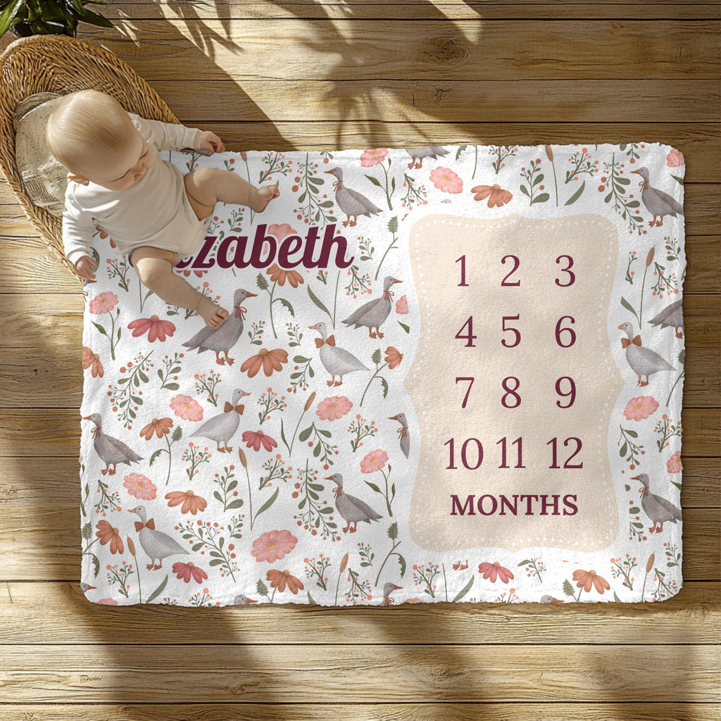Goose & Wildflower Baby Milestone Blanket – Personalized Monthly Tracker for Girls
