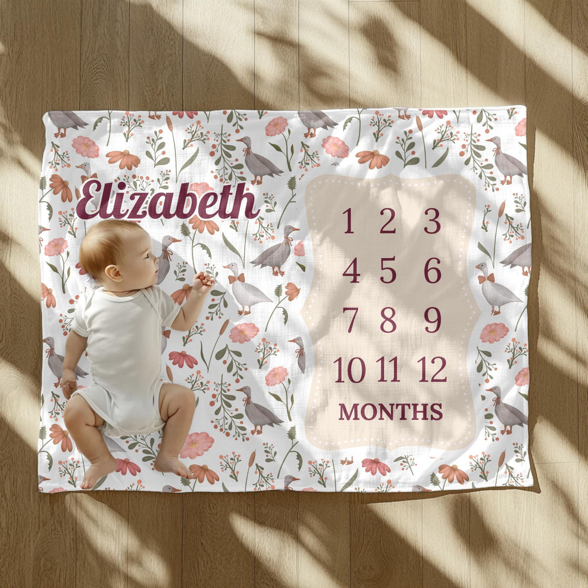 Goose & Wildflower Baby Milestone Blanket – Personalized Monthly Tracker for Girls