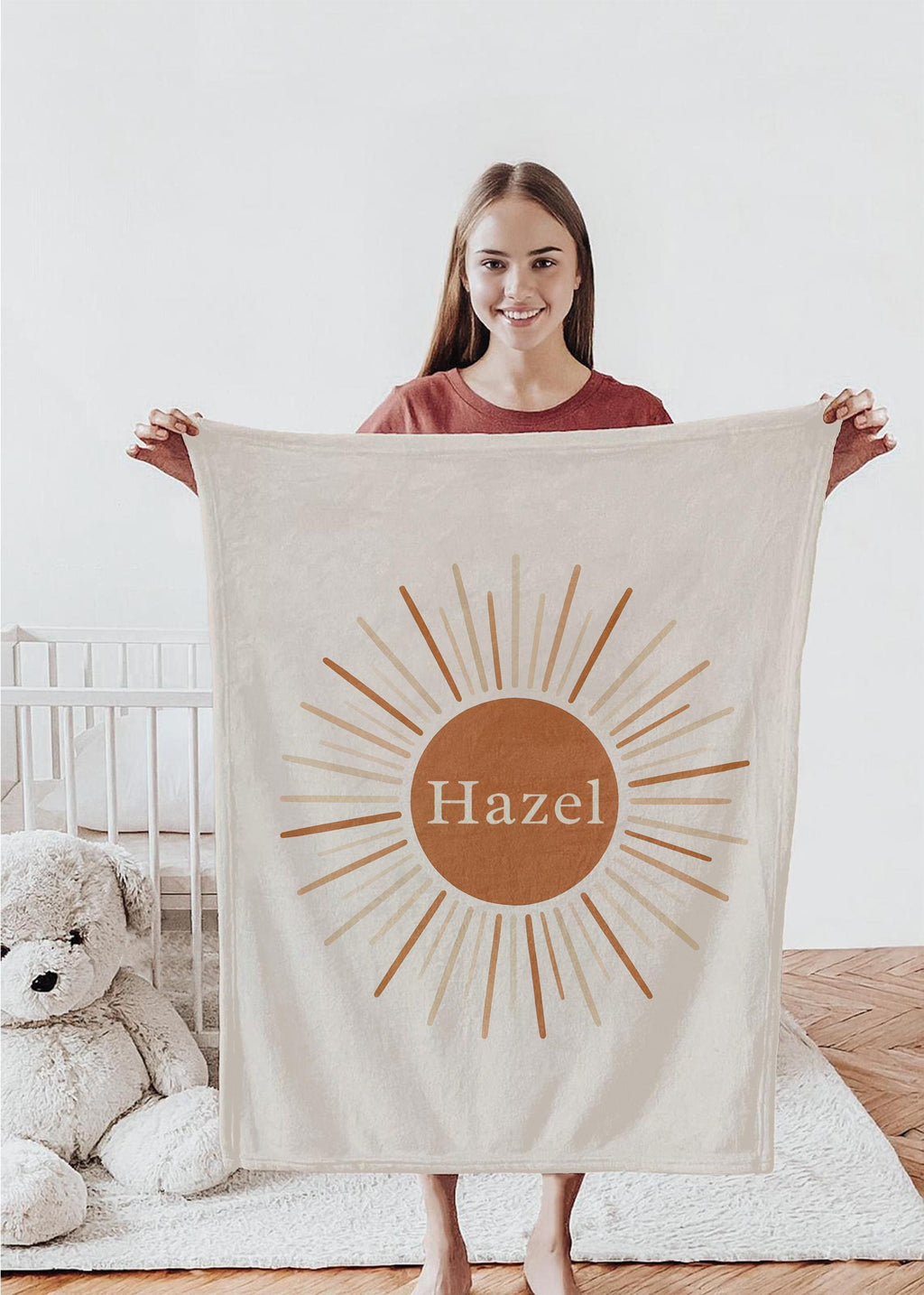 Minimalist Boho Sunburst Personalized Baby Name Blanket