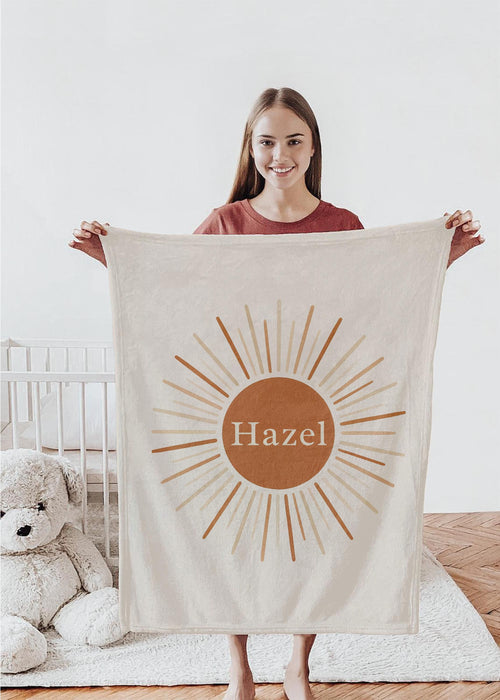 Minimalist Boho Sunburst Personalized Baby Name Blanket
